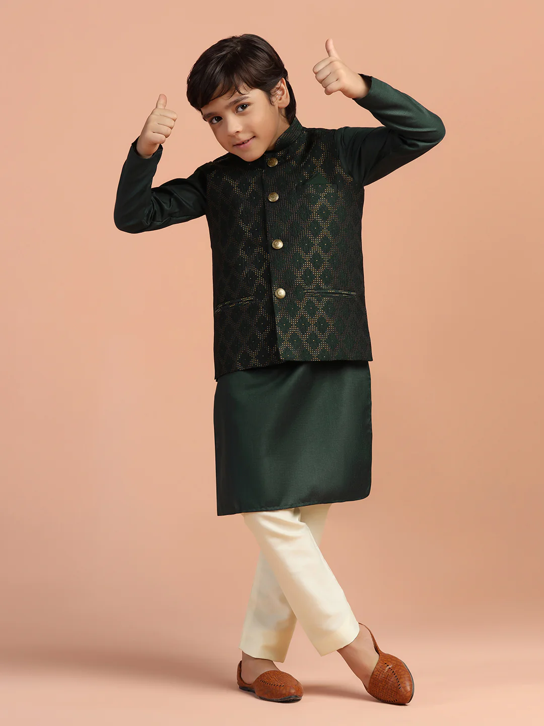 Dark Green Jacquard Kids Kurta Set - Image 9