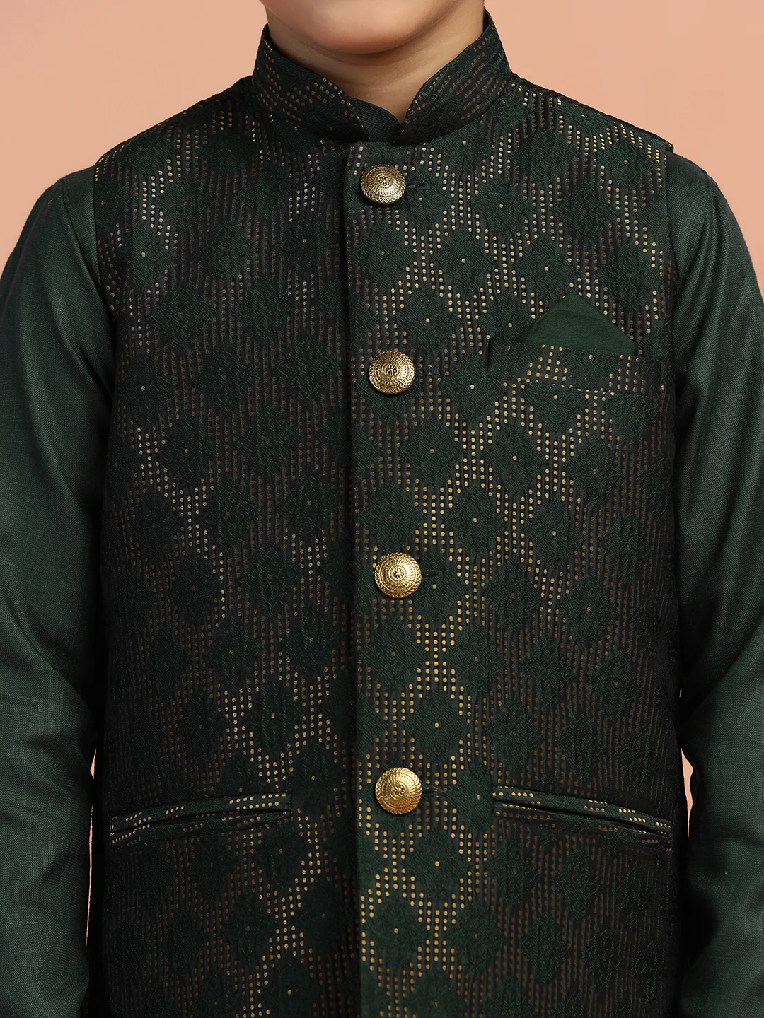 Dark Green Jacquard Nehru Jacket - Image 5