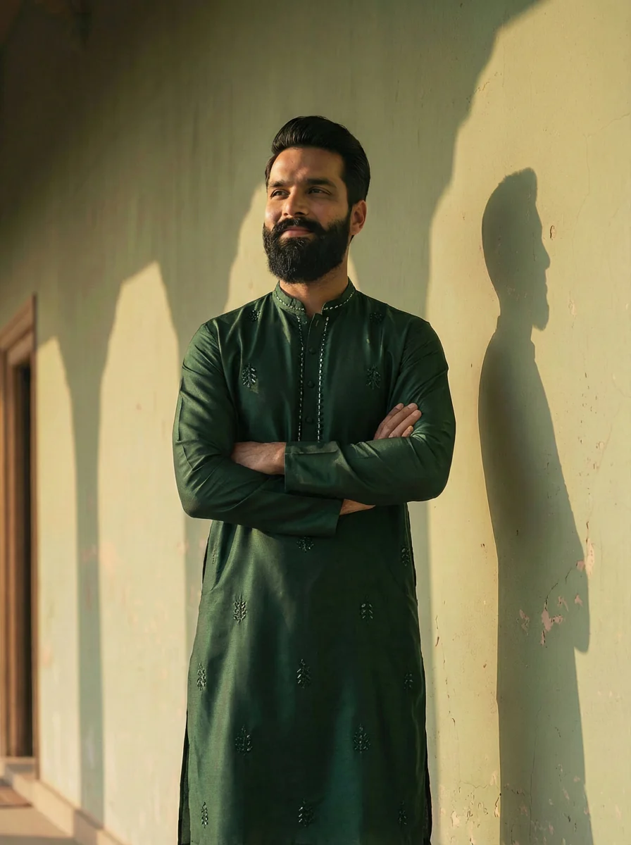 Dark Green Silk Blend Mirror Work Long Kurta