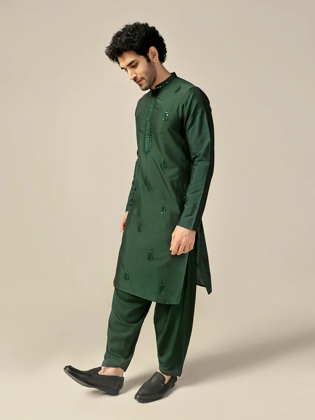 Dark Green Silk Blend Mirror Work Long Kurta - Image 3