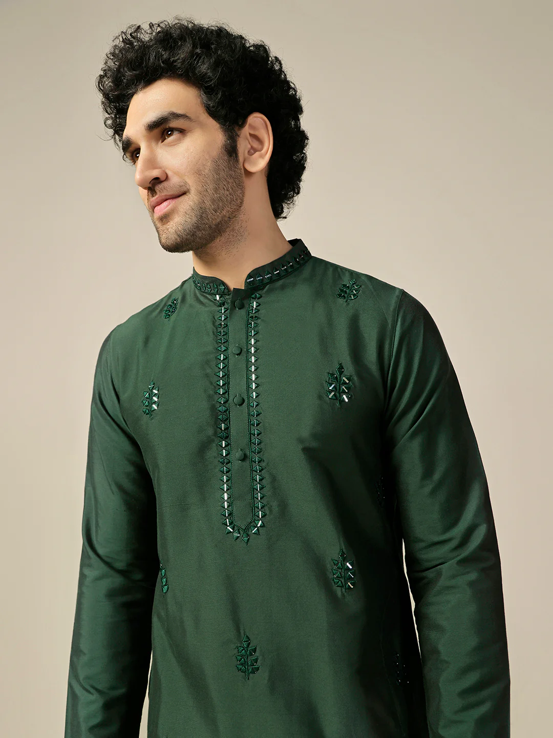 Dark Green Silk Blend Mirror Work Long Kurta - Image 5