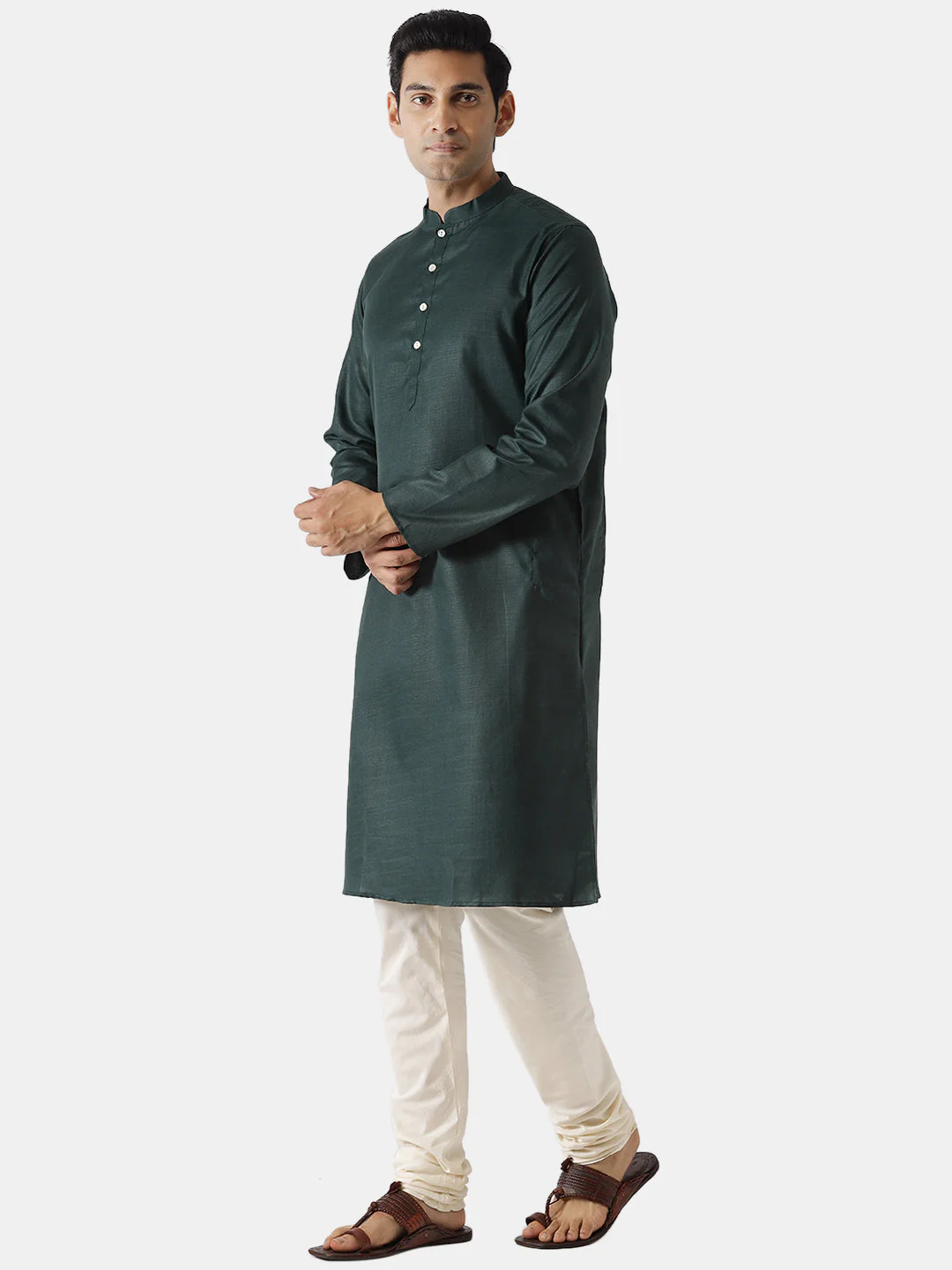 Dark Green Silk Blend Solid Long Kurta - Image 4