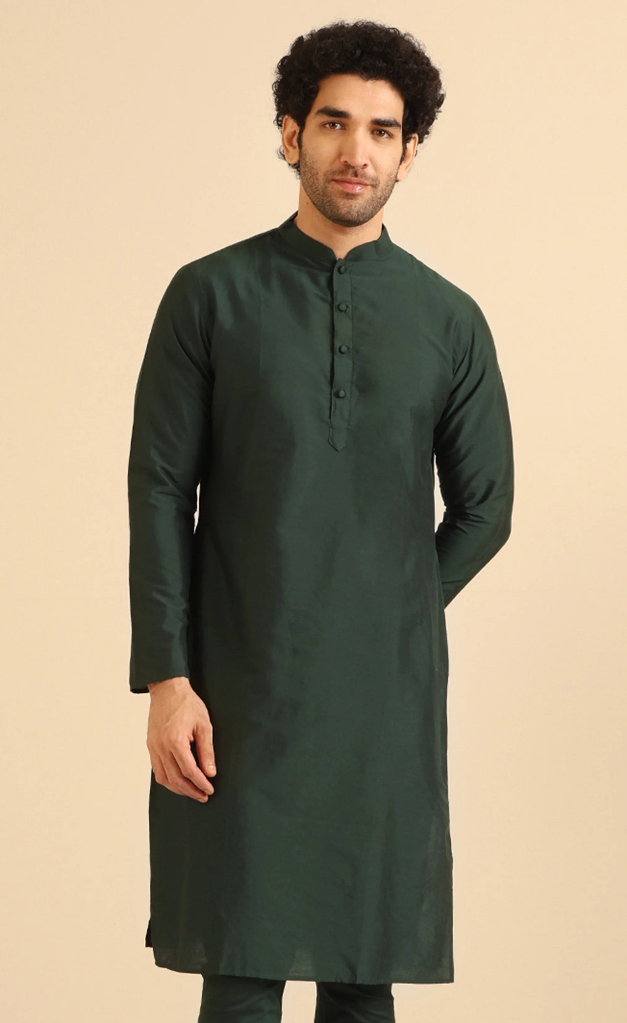 Dark Green Silk Blend Solid Plain Kurta - Image 7