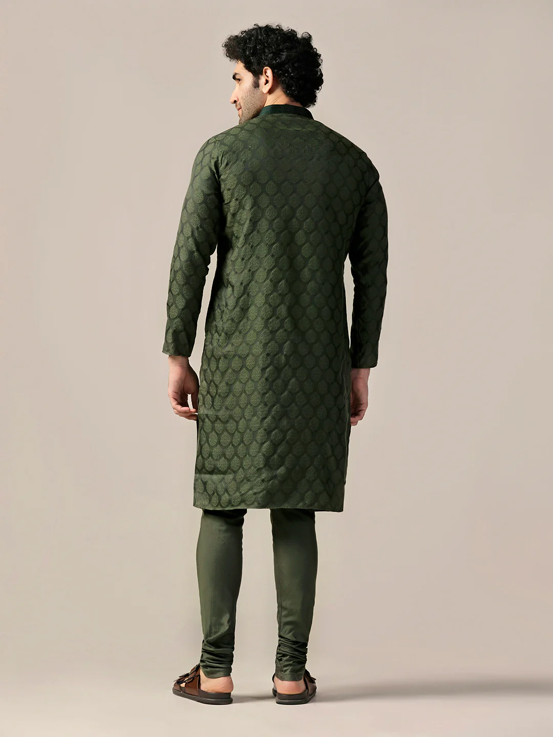 Dark Green Silk Blend Textured Long Kurta - Image 4