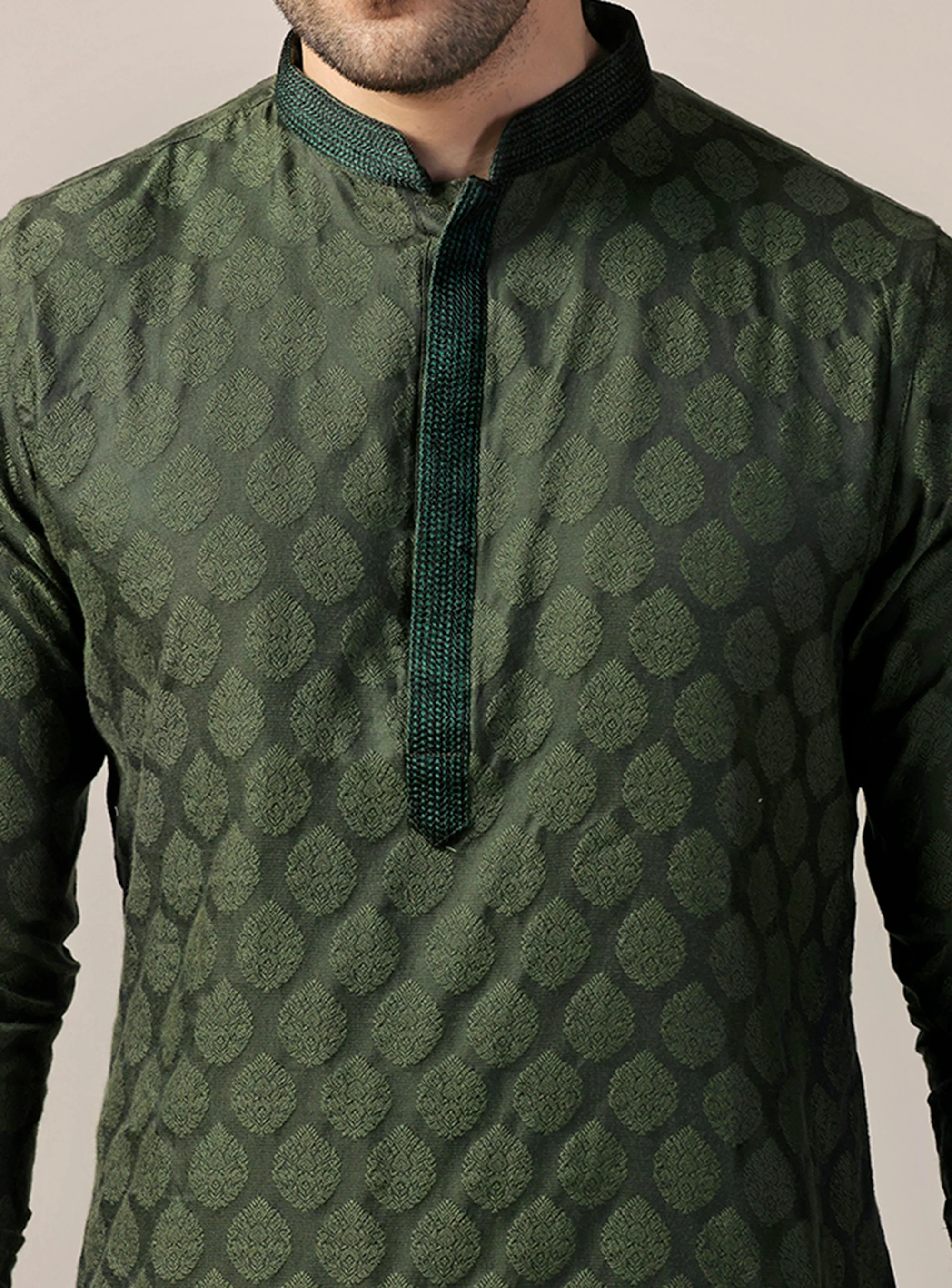 Dark Green Silk Blend Textured Long Kurta - Image 5