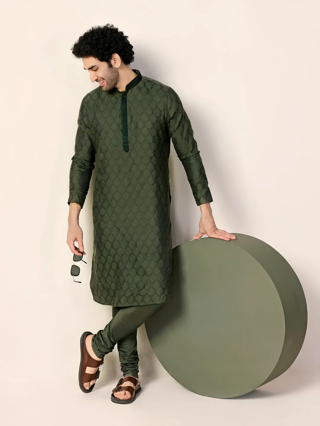 Dark Green Silk Blend Textured Long Kurta - Image 6