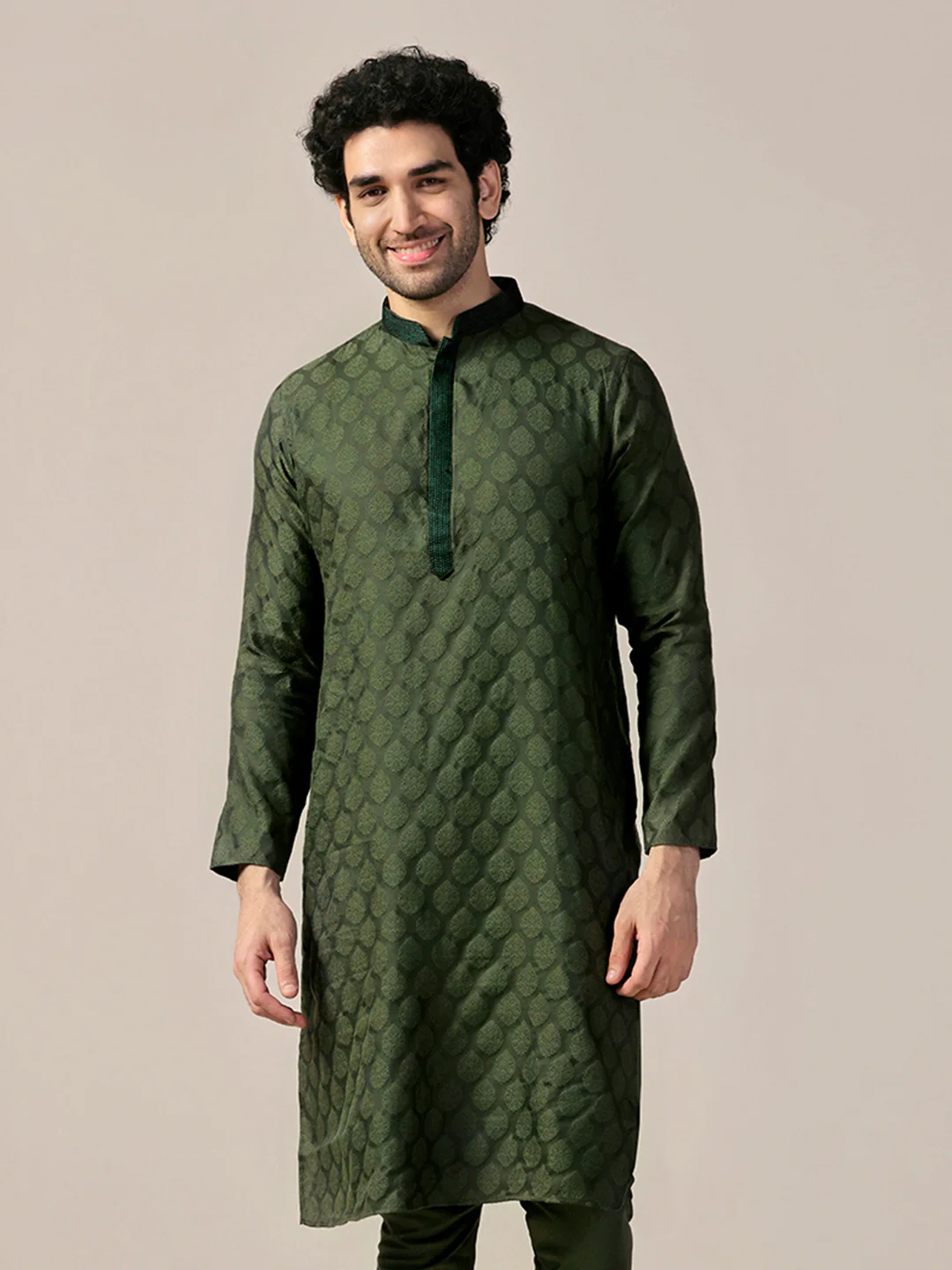 Dark Green Silk Blend Textured Long Kurta - Image 7