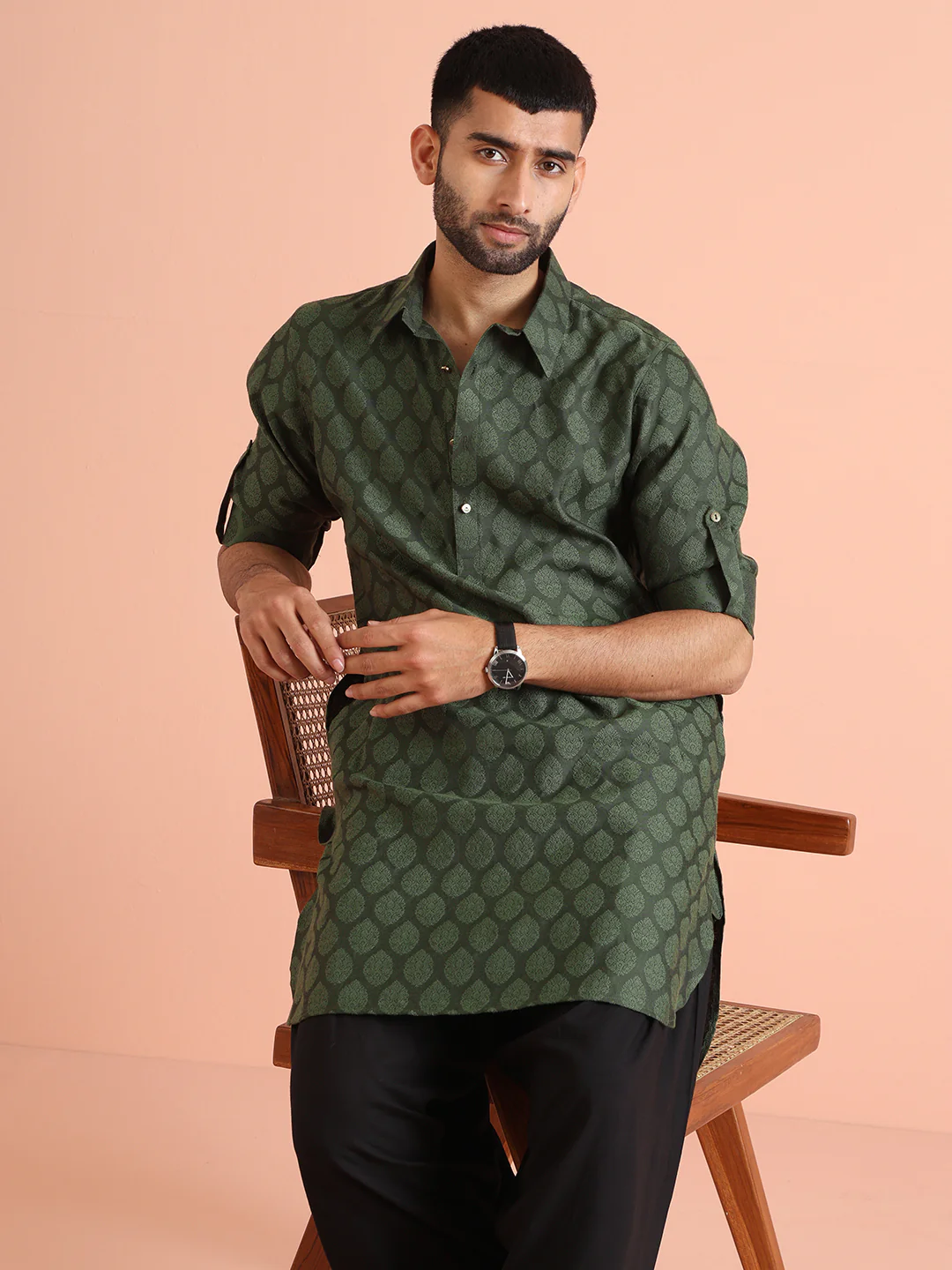 Dark Green Silk Blend Textured Long Pathani Kurta - Image 6