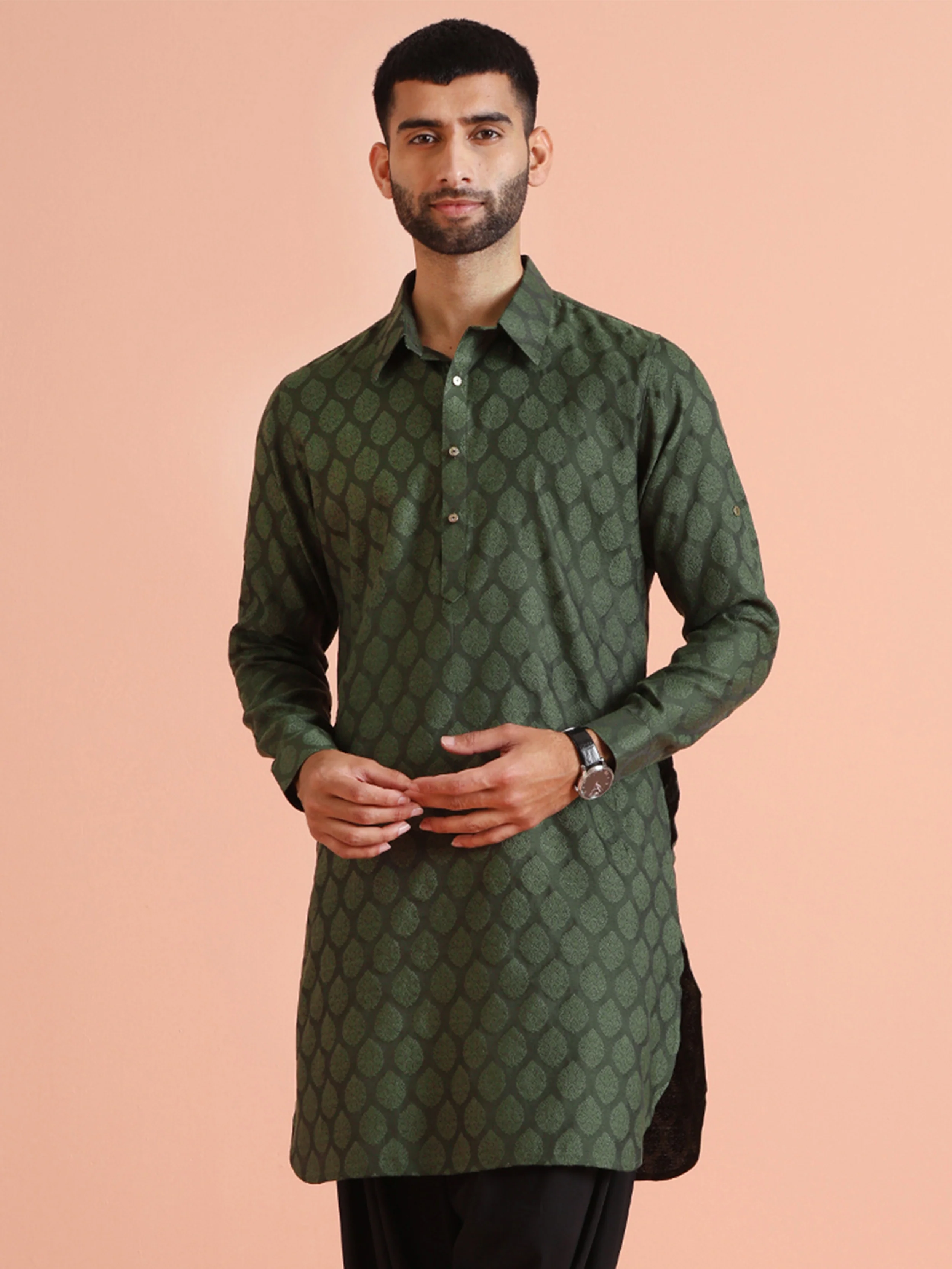 Dark Green Silk Blend Textured Long Pathani Kurta - Image 7