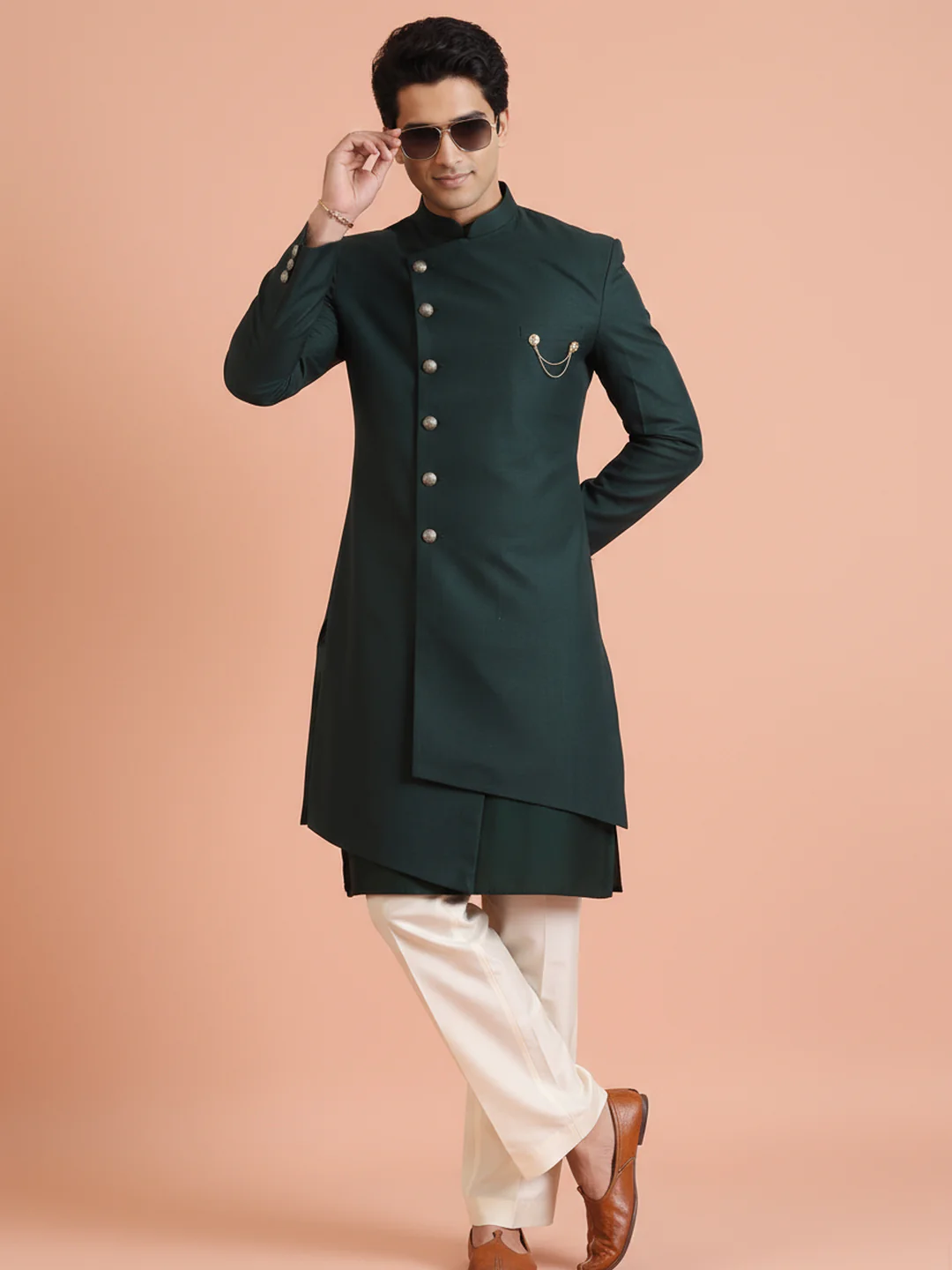 Deep Green Asymmetric Sherwani Trouser Set