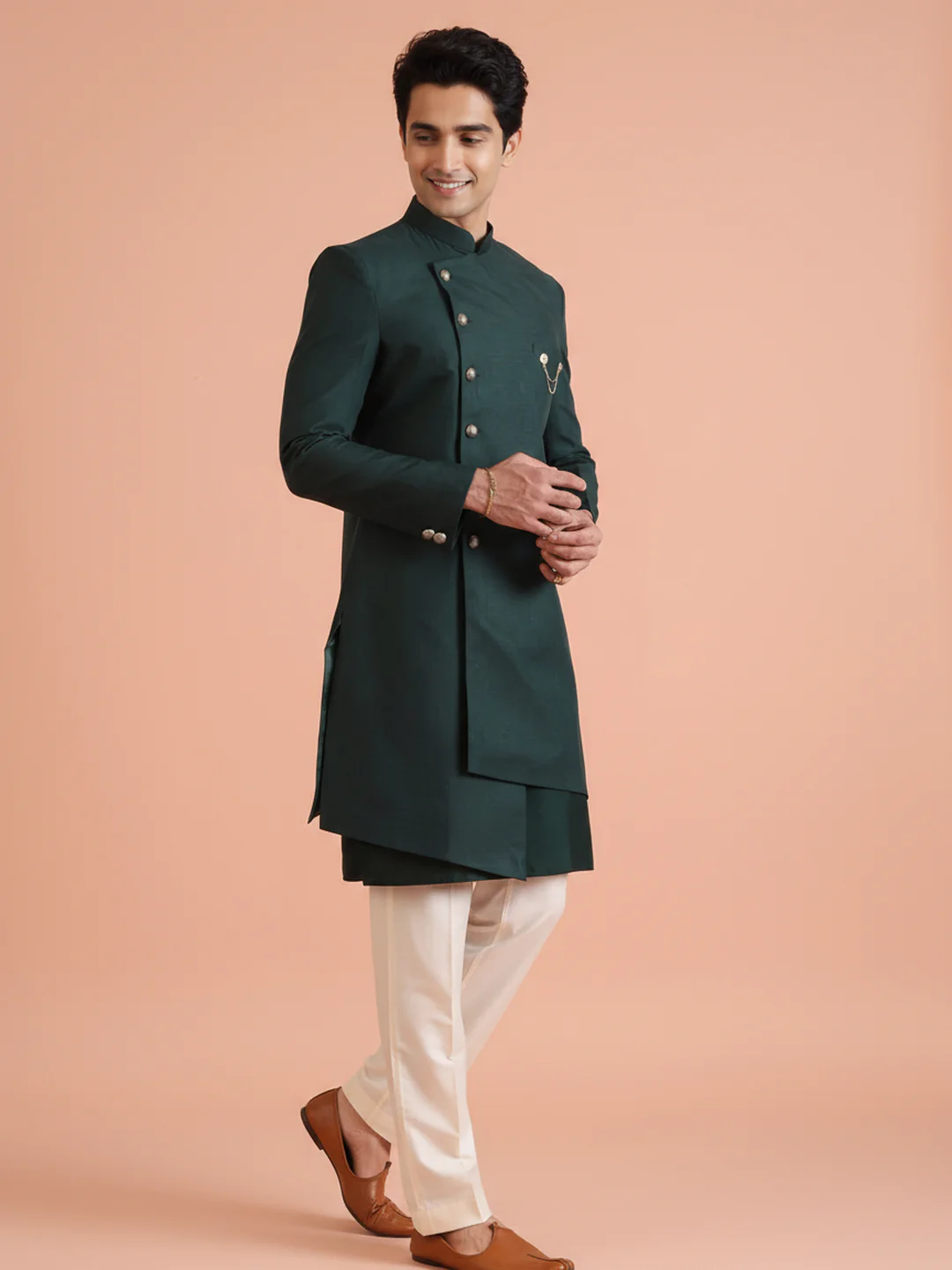 Deep Green Asymmetric Sherwani Trouser Set - Image 4