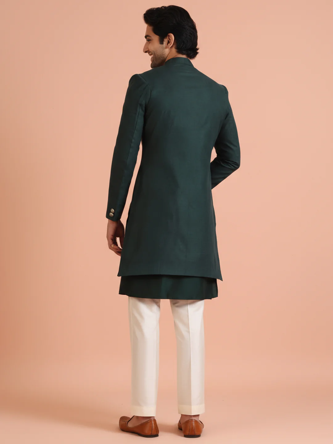Deep Green Asymmetric Sherwani Trouser Set - Image 5