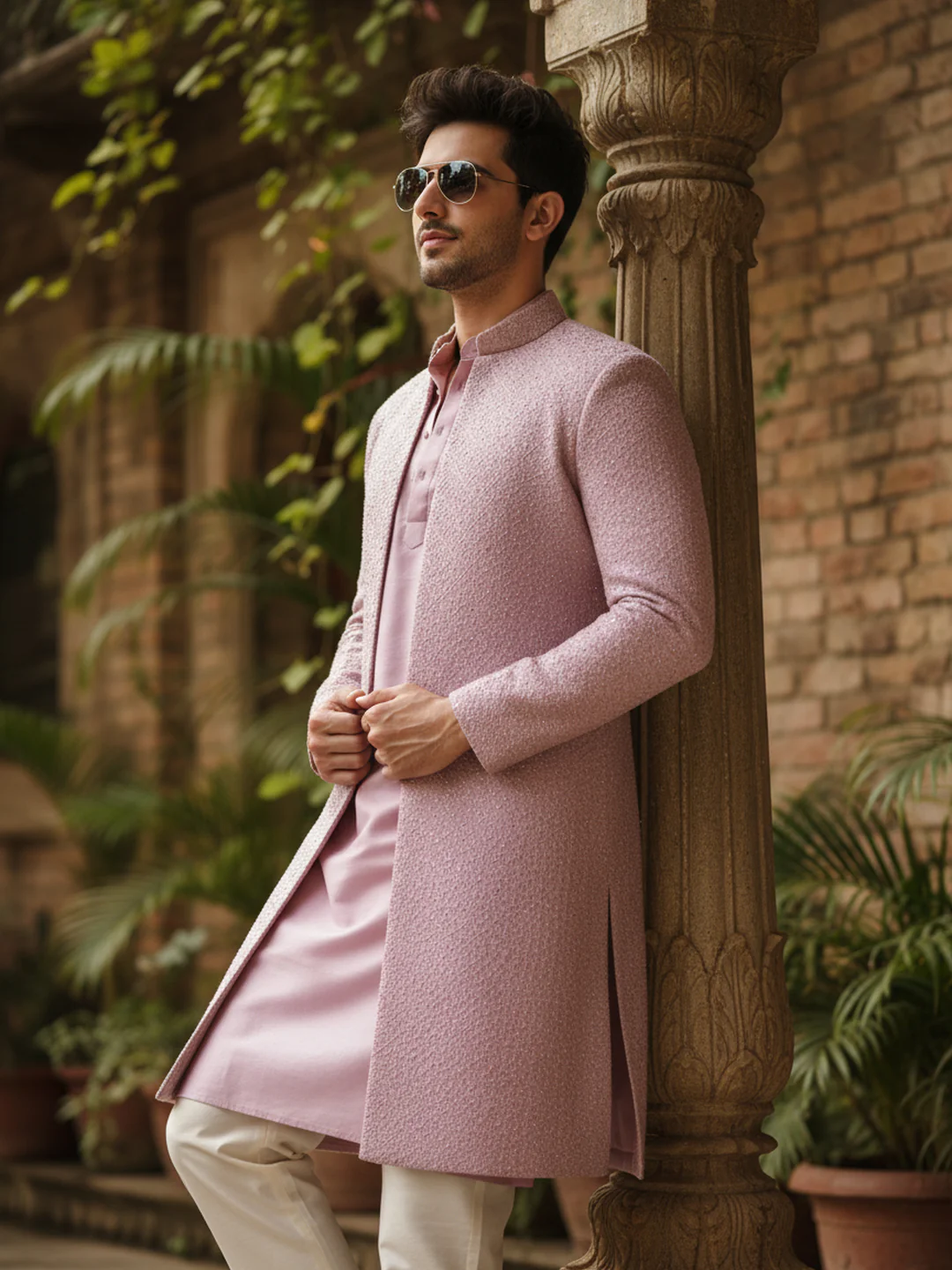 Dusty Pink Front-Open Sherwani Trouser Set