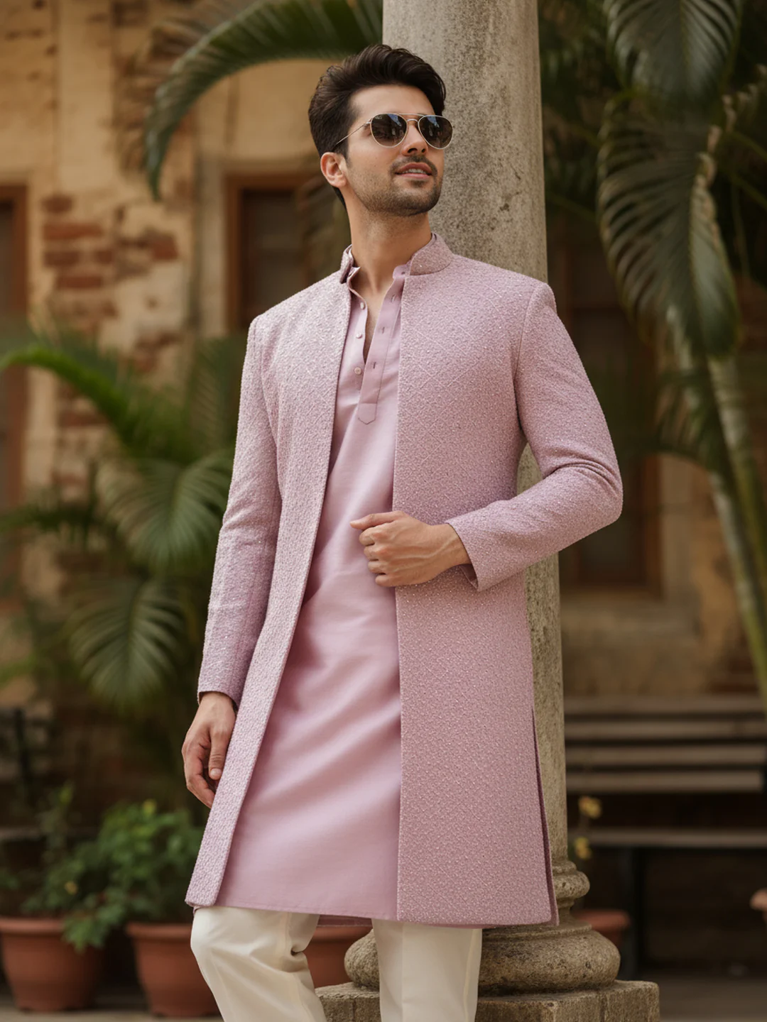 Dusty Pink Front-Open Sherwani Trouser Set - Image 2