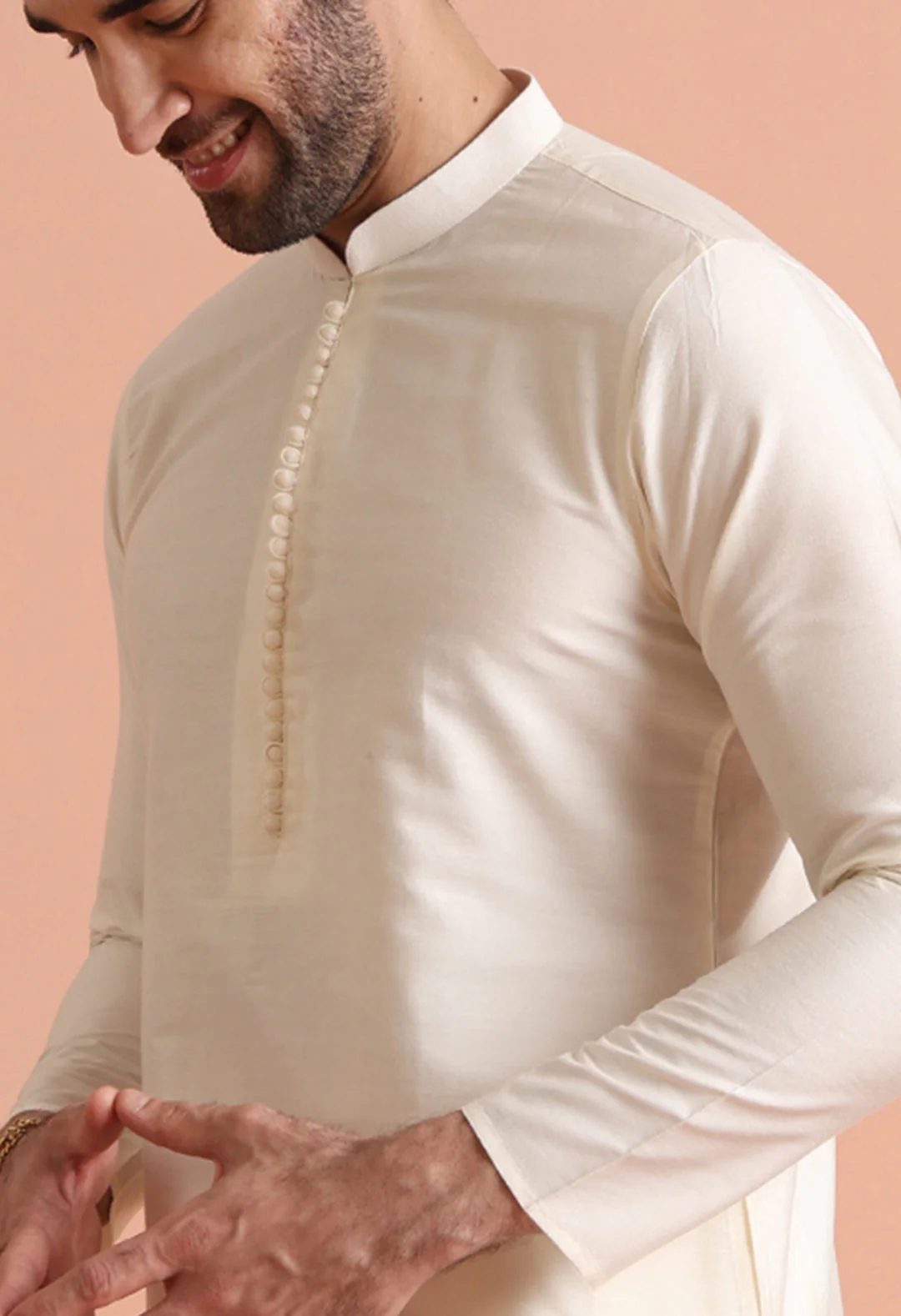 Elegant Off-White Silk Blend Kurta for Men – Minimalistic Ethnic Wear - Image 3