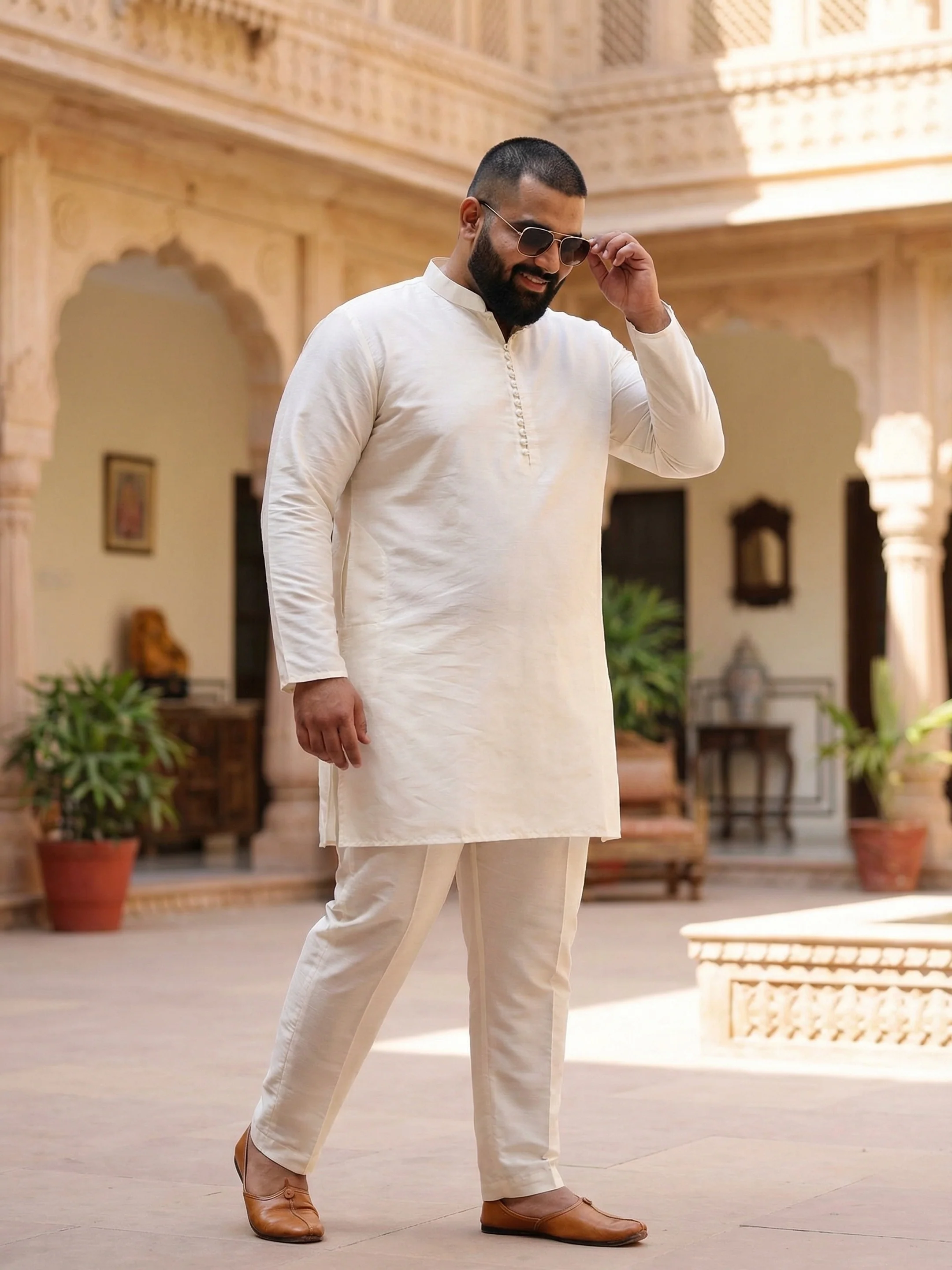 Elegant Off-White Silk Blend Kurta for Men – Minimalistic Ethnic Wear - Image 5