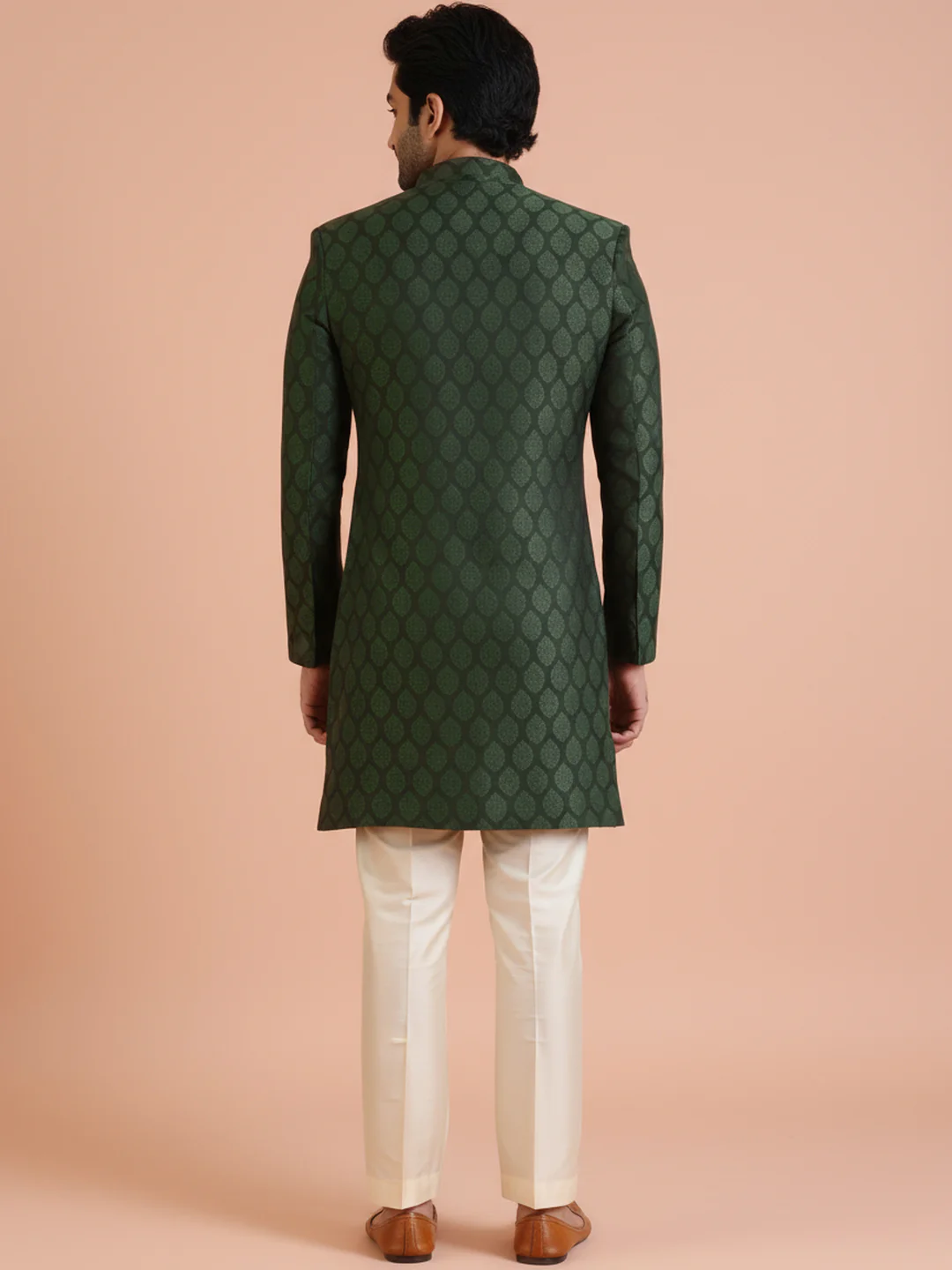 Emerald Green Jacquard Sherwani Trouser Set - Image 3