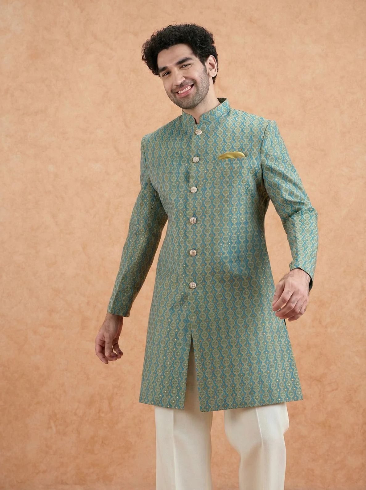 Forest Green Silk Blend Jacquard Sherwani Wide Leg Trouser Set - Image 2