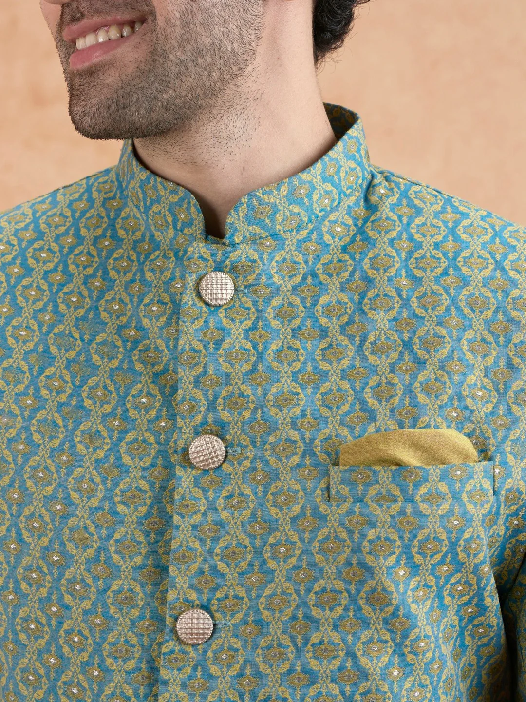 Forest Green Silk Blend Jacquard Sherwani Wide Leg Trouser Set - Image 4