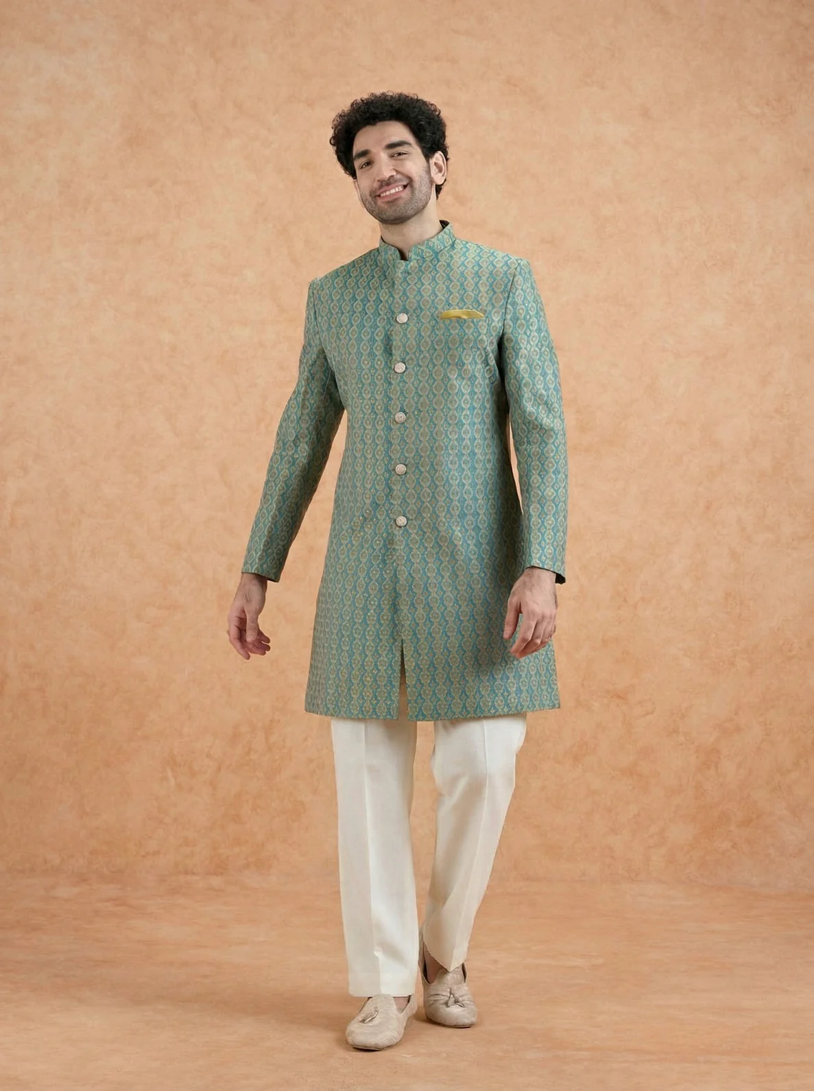 Forest Green Silk Blend Jacquard Sherwani Wide Leg Trouser Set - Image 6