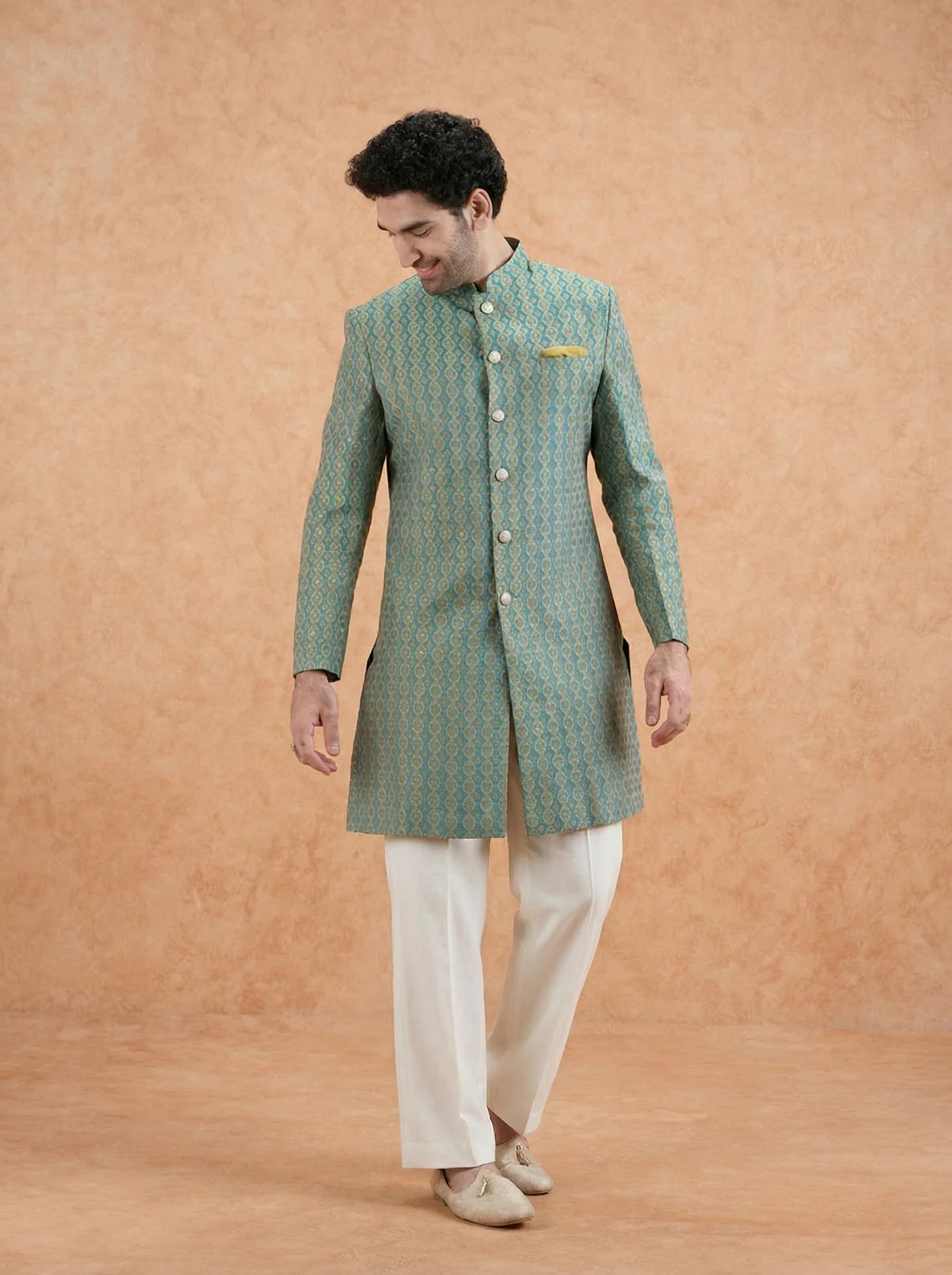 Forest Green Silk Blend Jacquard Sherwani Wide Leg Trouser Set - Image 8