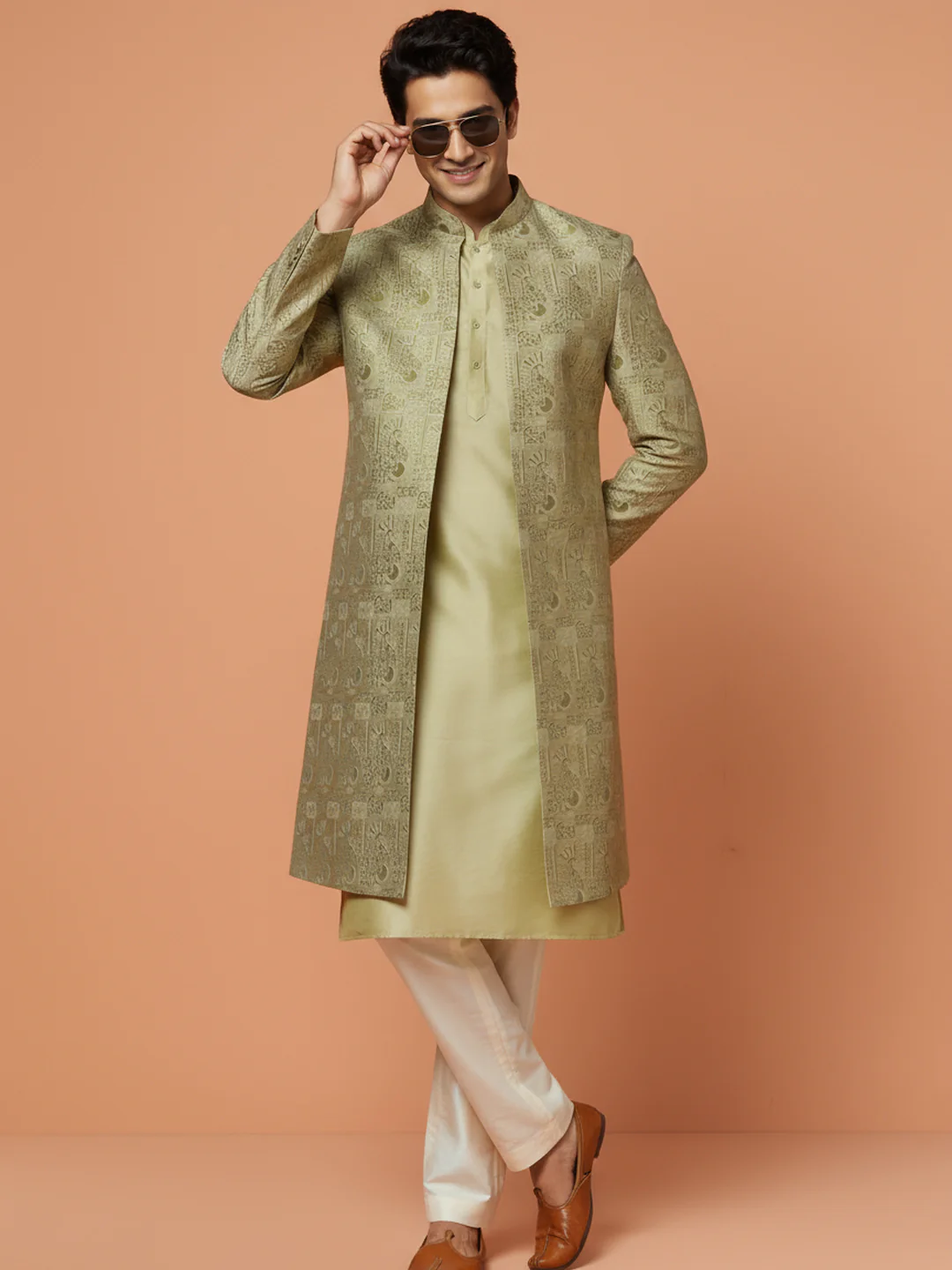 Gold Brocade Front-Open Sherwani Set