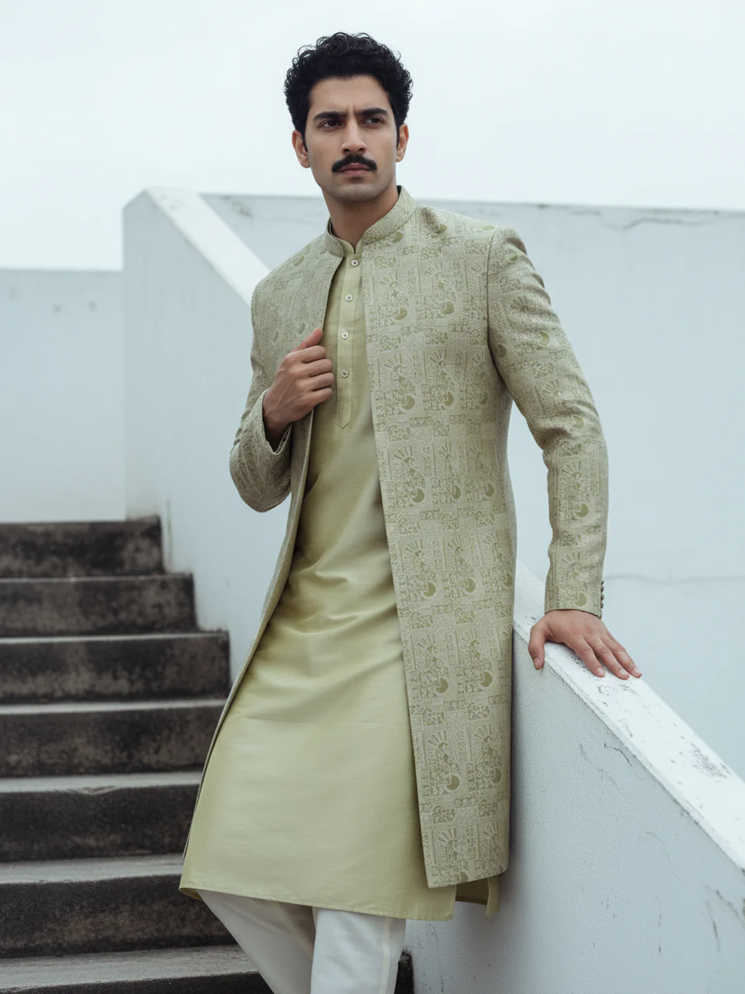 Gold Brocade Front-Open Sherwani Set - Image 2
