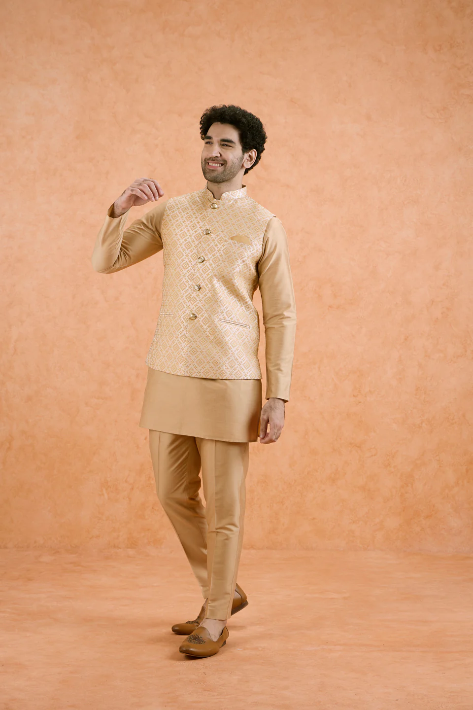 Gold Jacquard Silk Blend Kurta Jacket Set