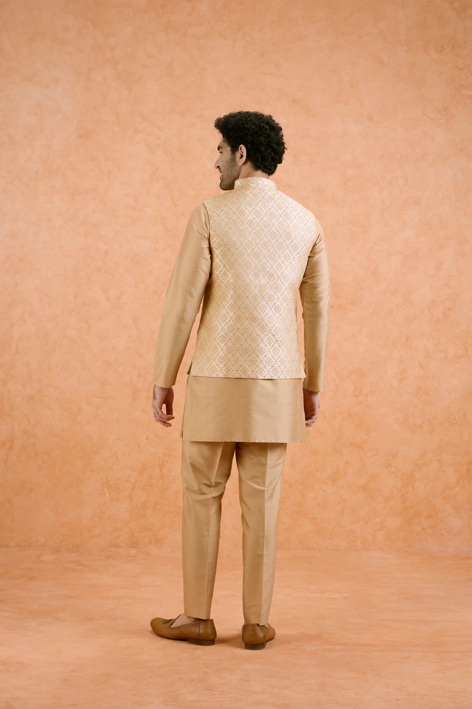 Gold Jacquard Silk Blend Kurta Jacket Set - Image 4
