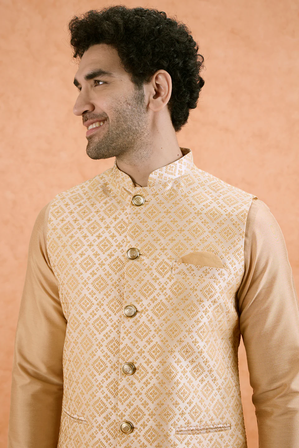 Gold Jacquard Silk Blend Kurta Jacket Set - Image 5