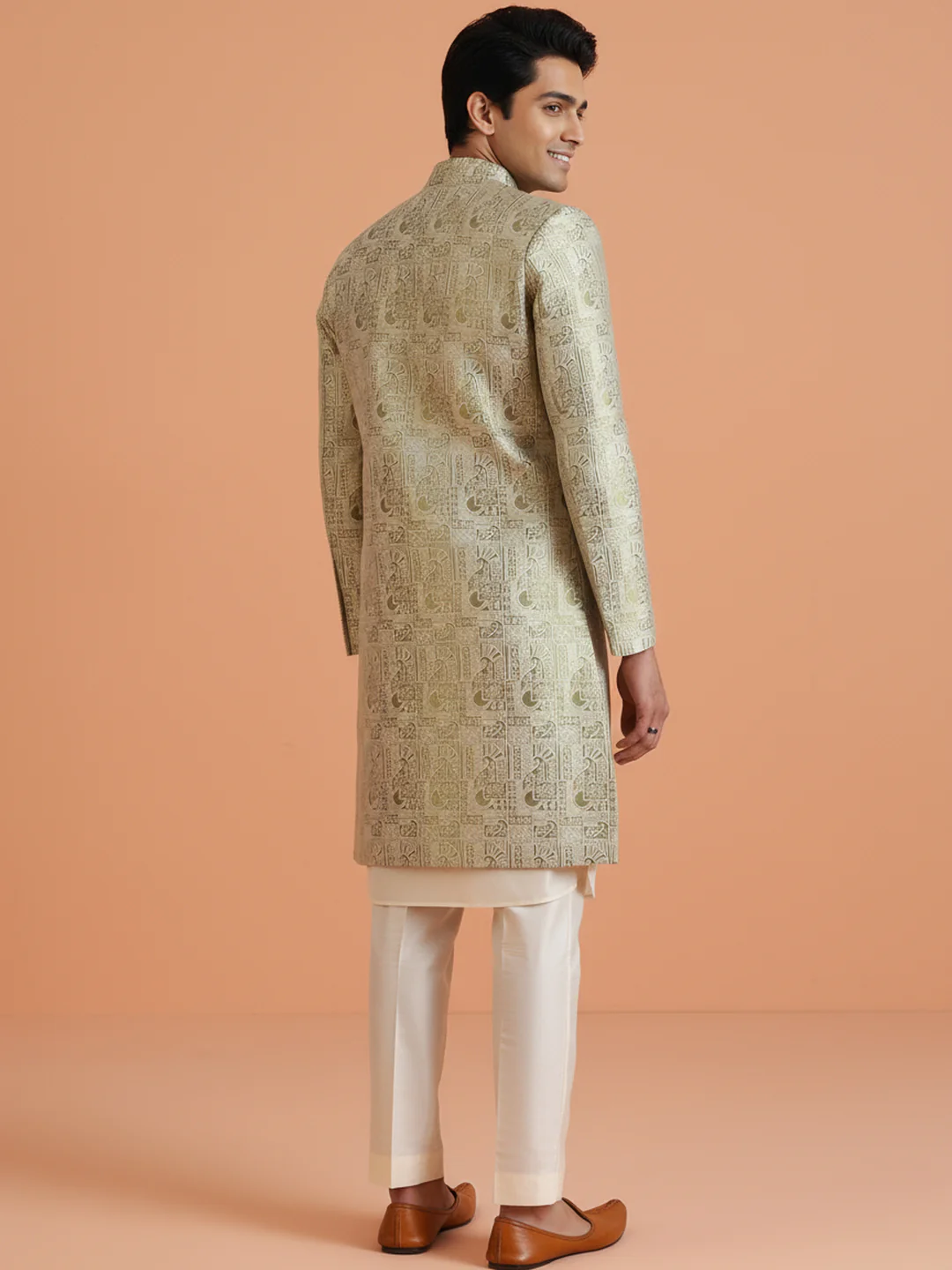 Gold Printed Sherwani Trouser Set - Image 3