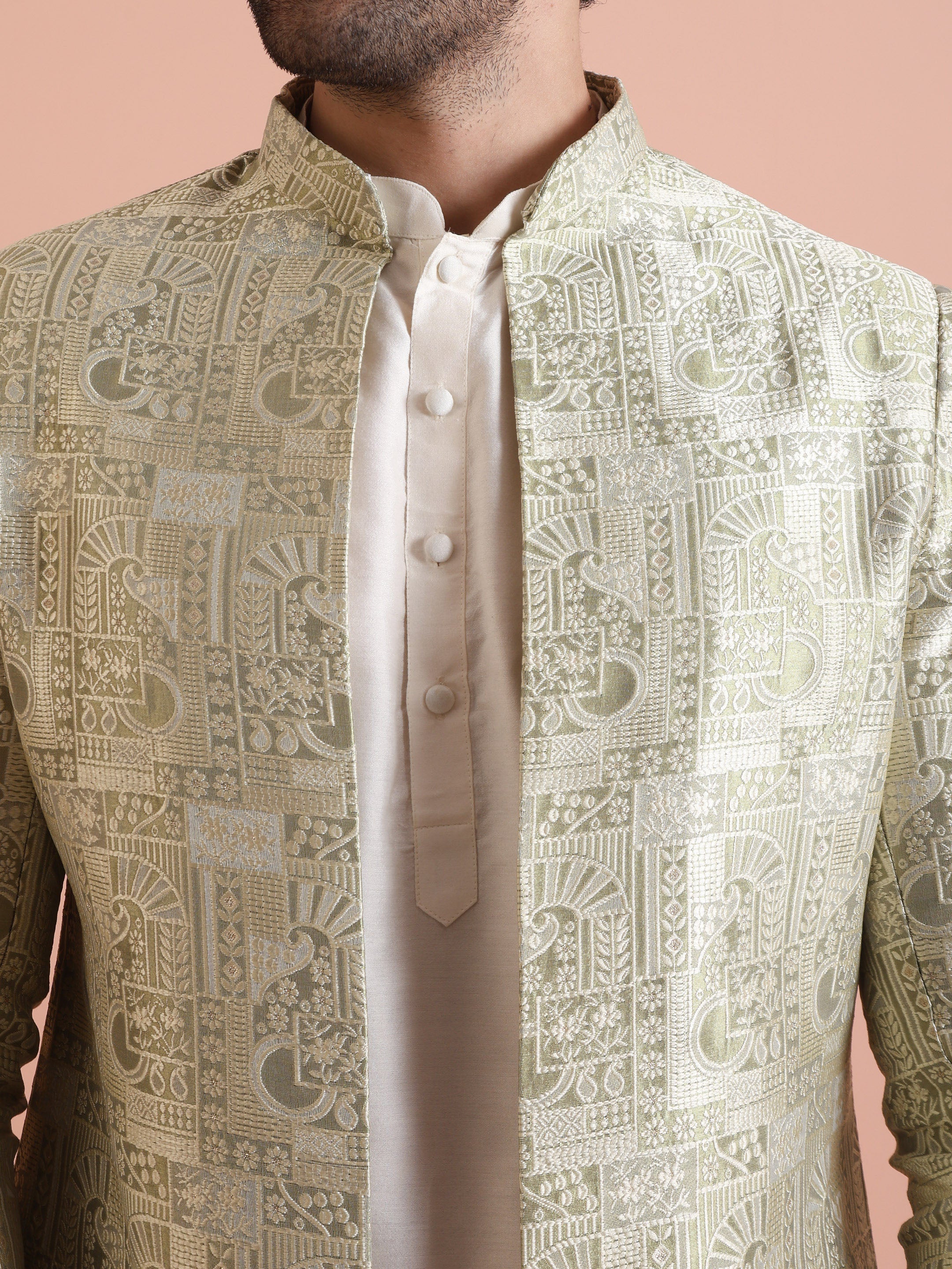 Gold Printed Sherwani Trouser Set - Image 4