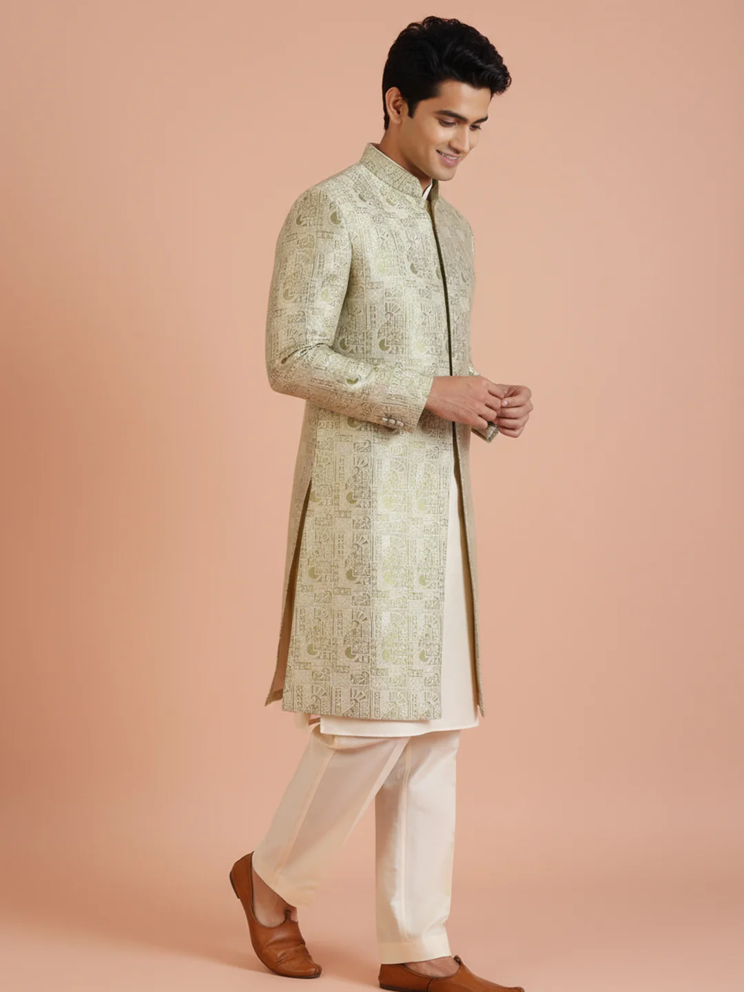 Gold Printed Sherwani Trouser Set - Image 6