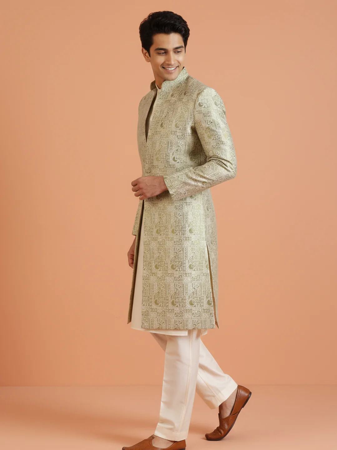 Gold Printed Sherwani Trouser Set - Image 7