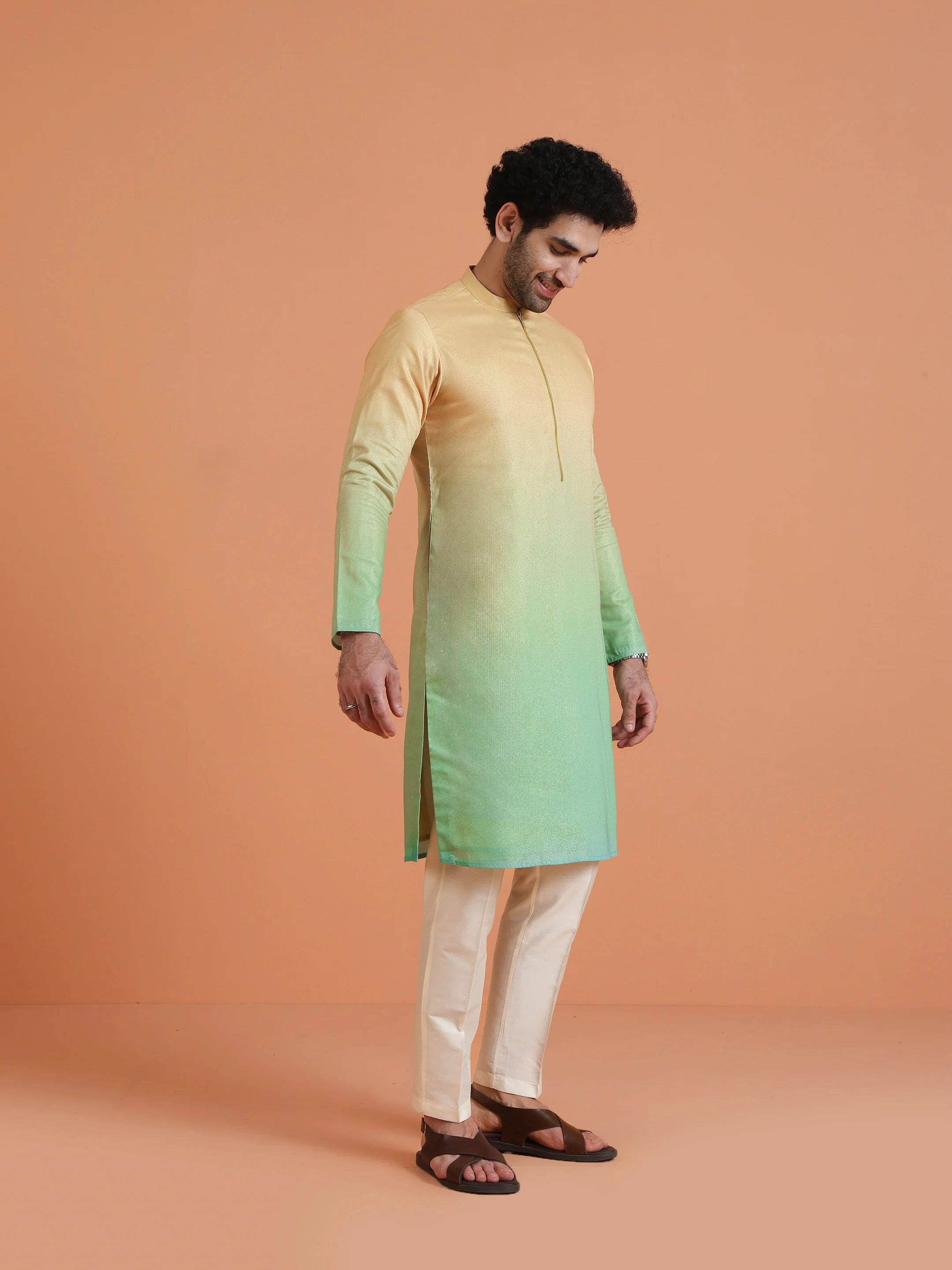 Golden Beige Ombre Cotton Silk Kurta - Image 2