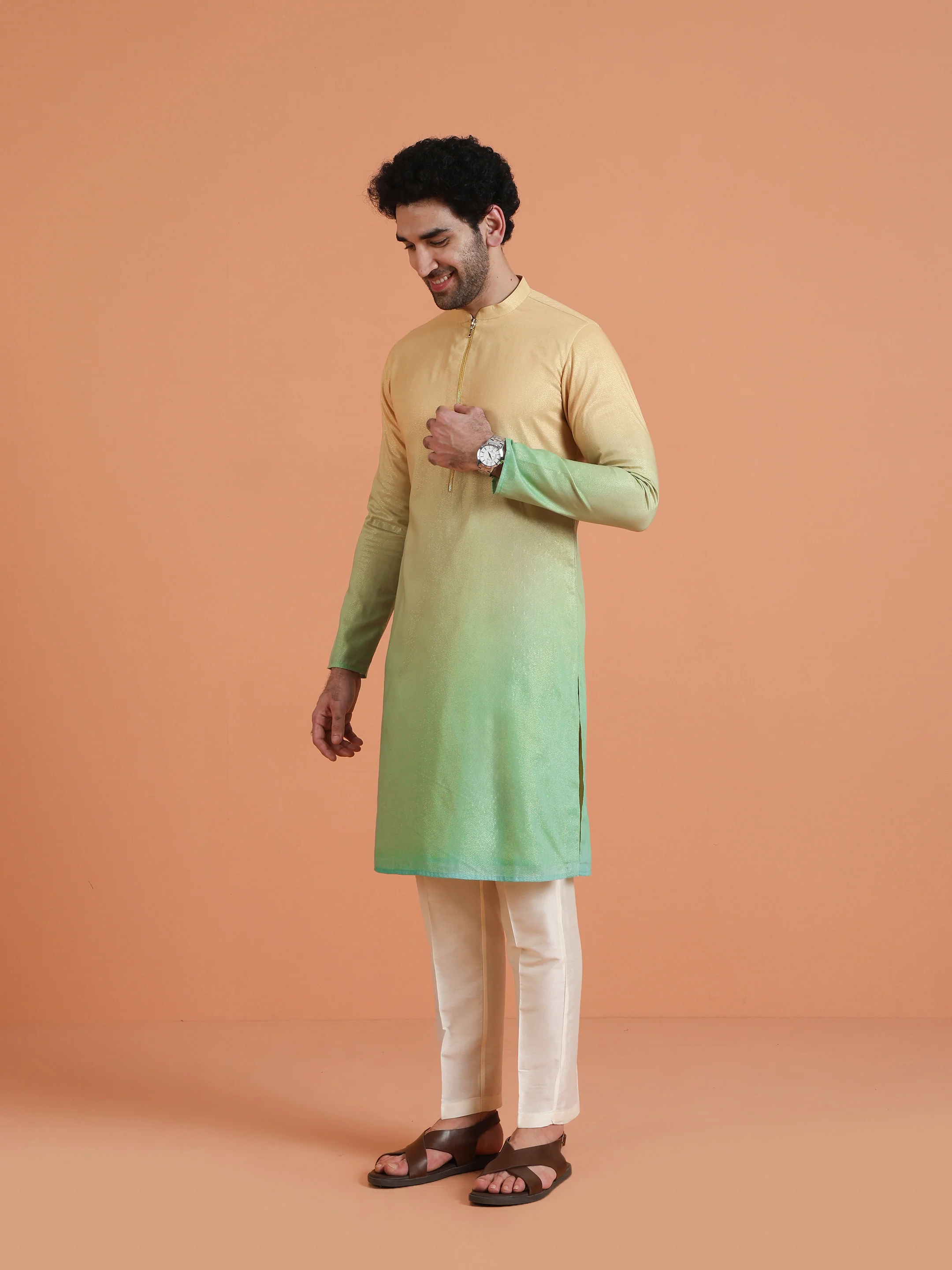 Golden Beige Ombre Cotton Silk Kurta - Image 3