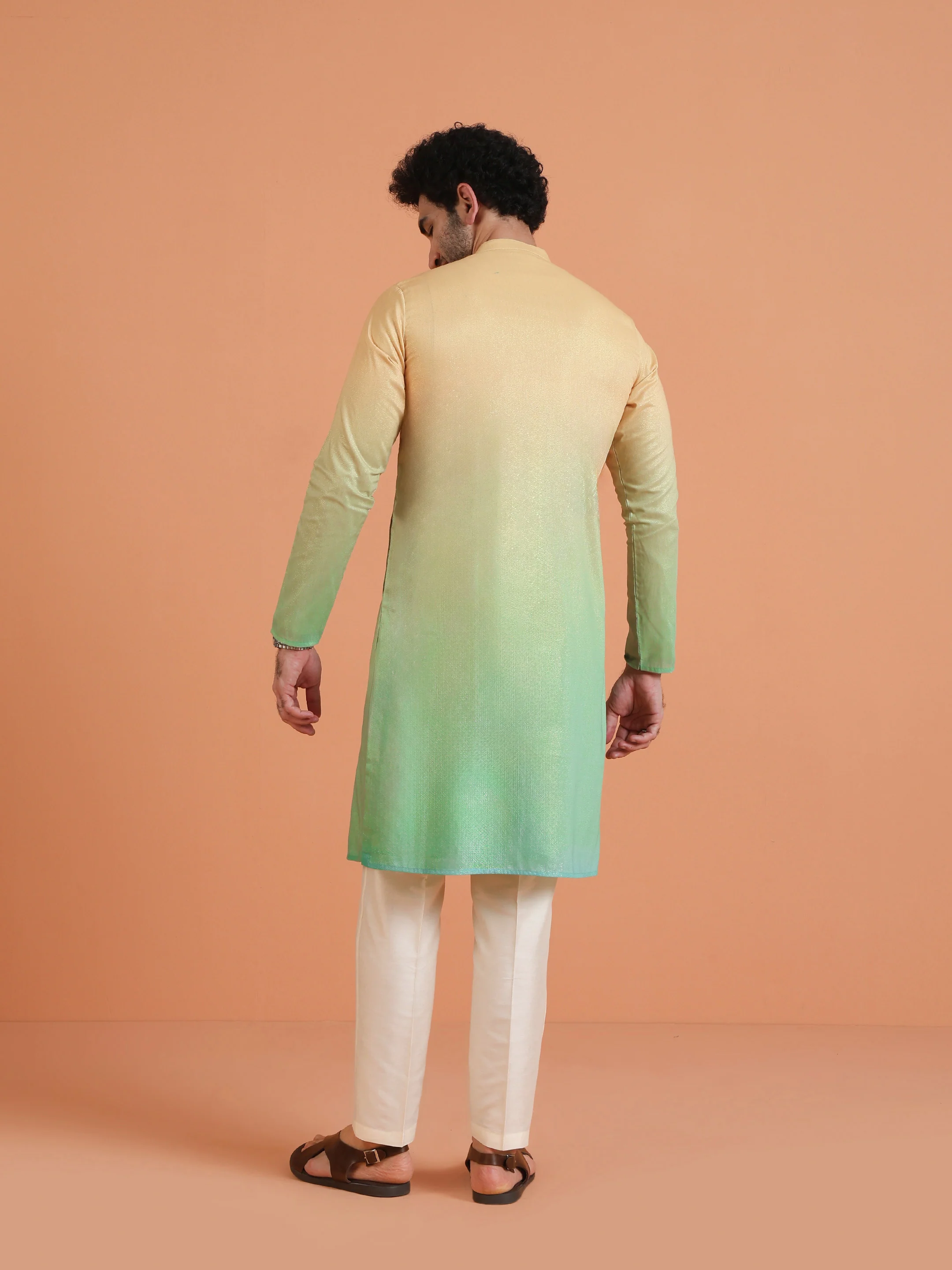 Golden Beige Ombre Cotton Silk Kurta - Image 4