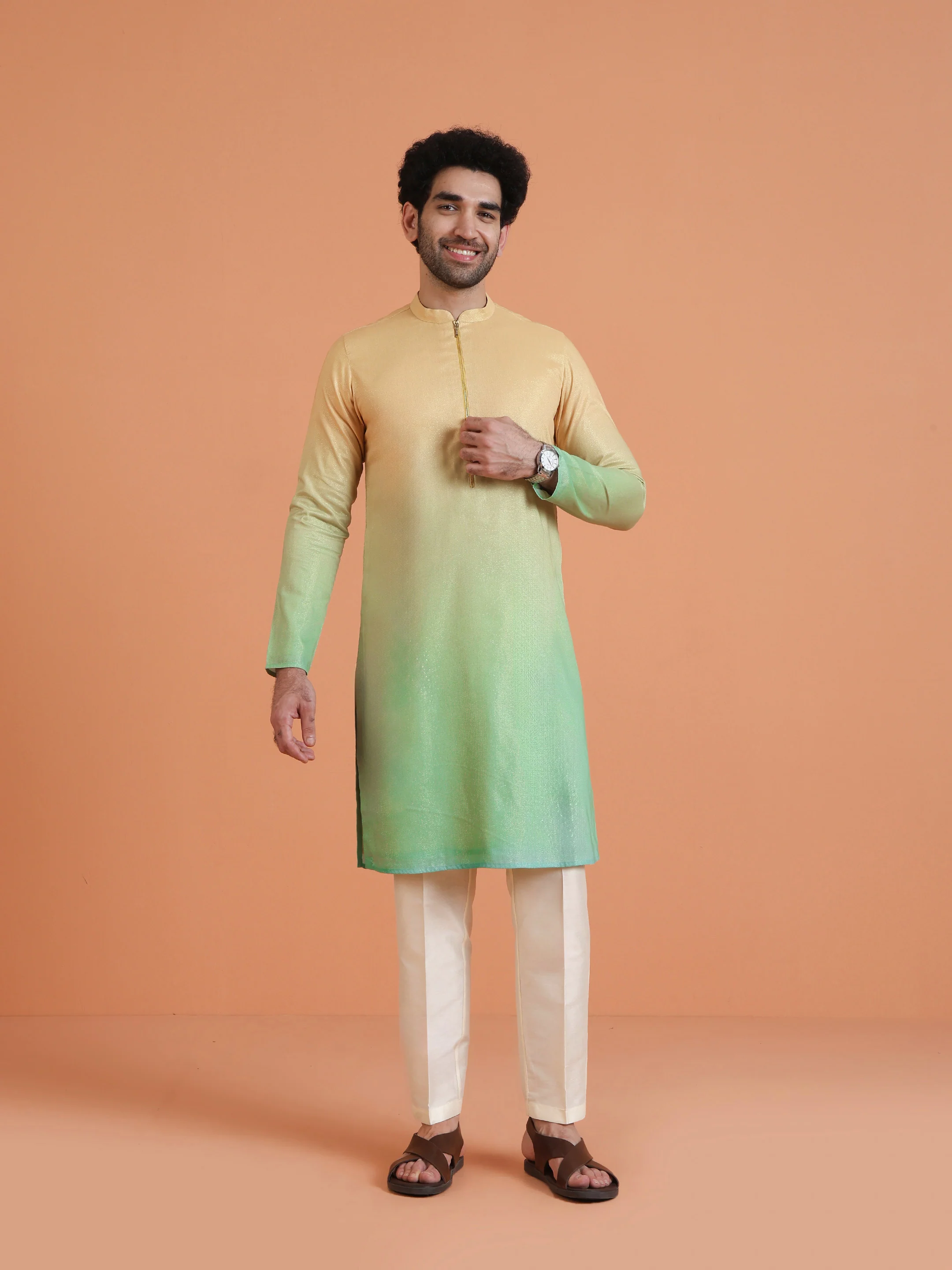 Golden Beige Ombre Cotton Silk Kurta - Image 6