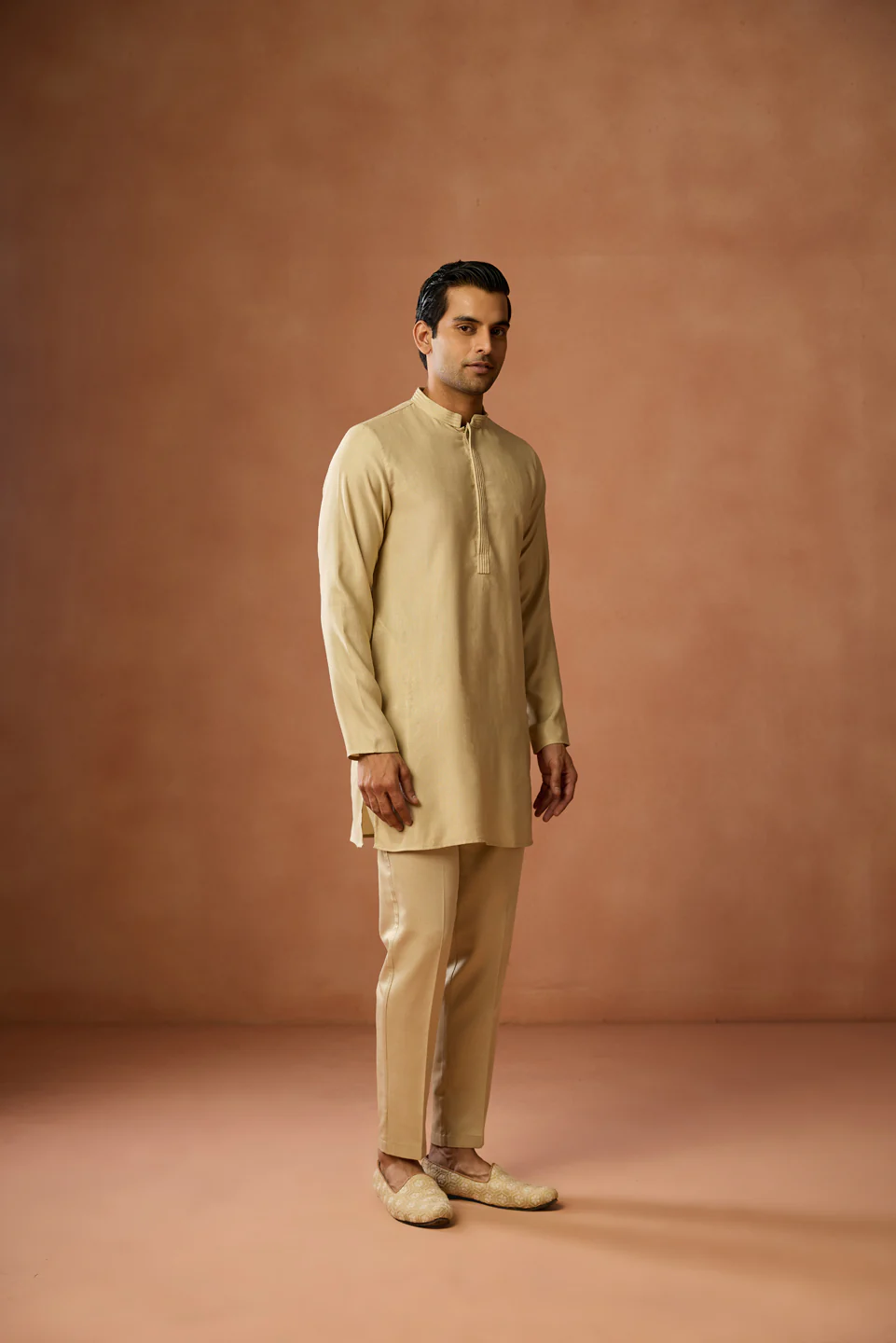 Golden Beige Solid Mid Kurta Trouser Set - Image 3