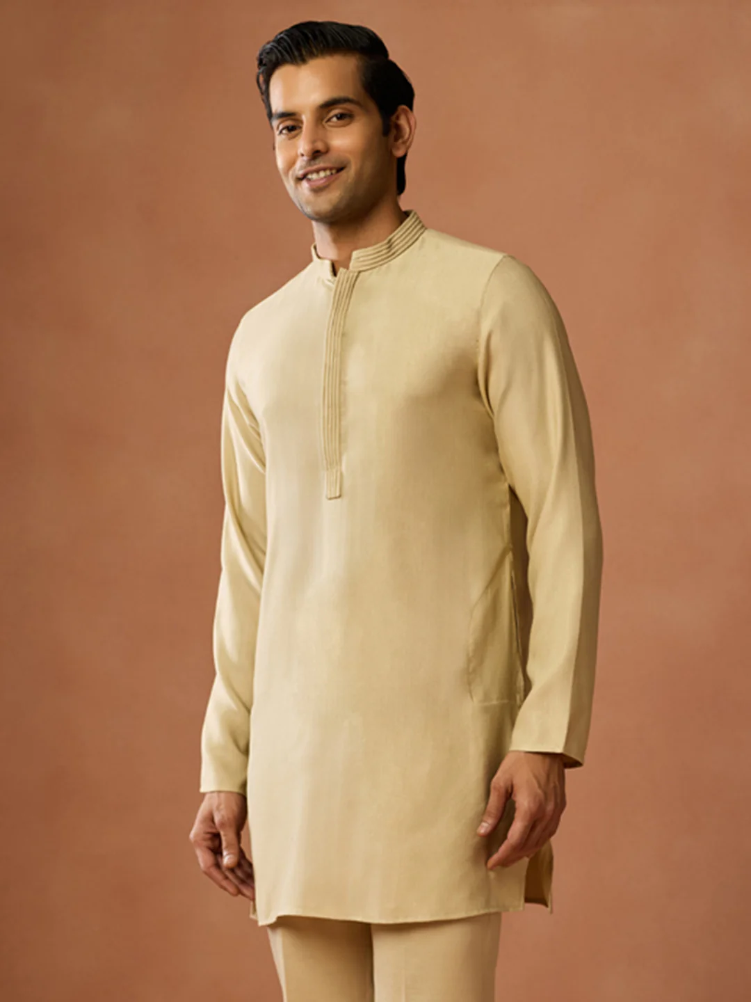 Golden Beige Solid Mid Kurta Trouser Set - Image 6
