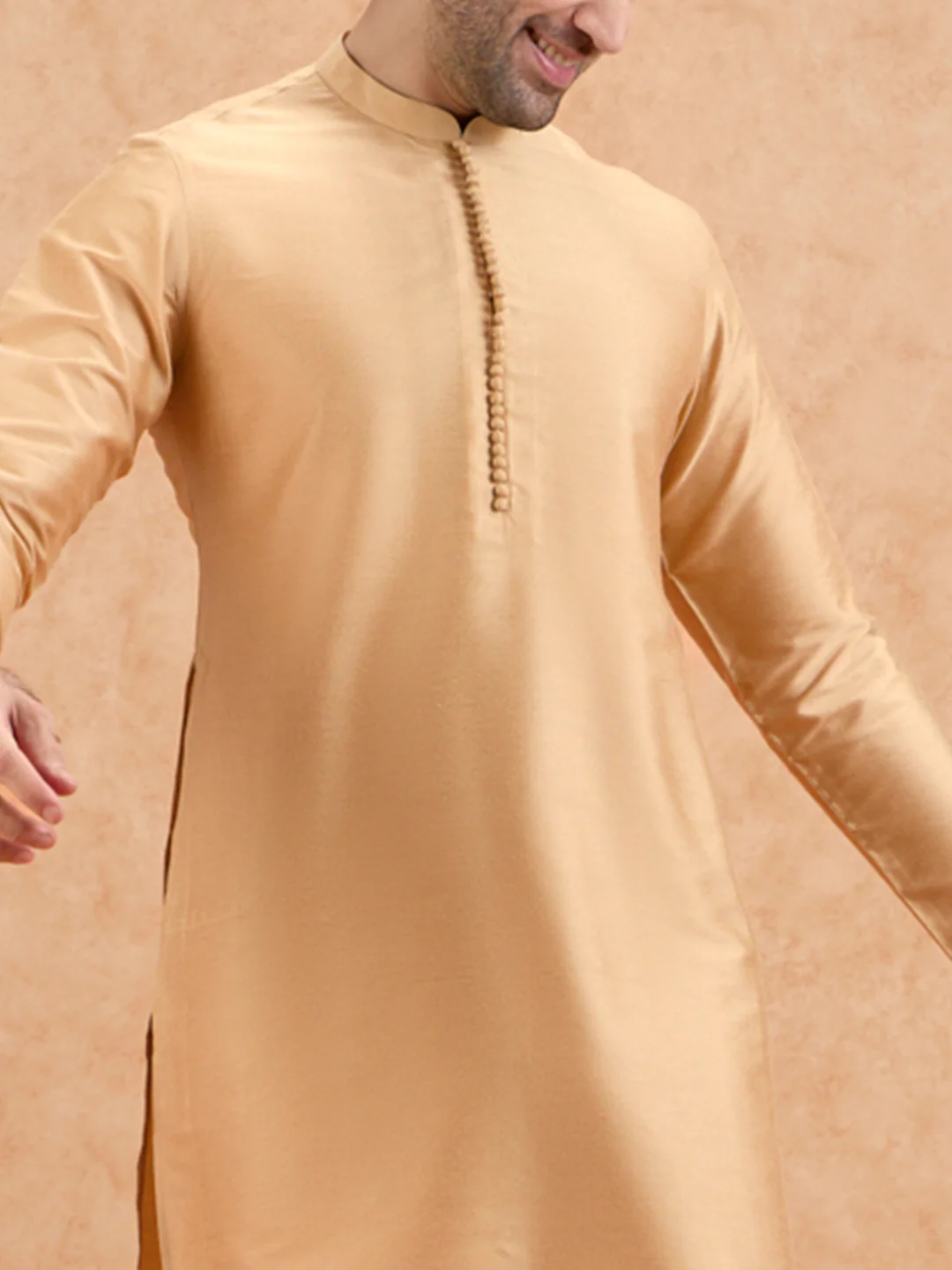 Golden Poly Silk Solid Mid Kurta - Image 5