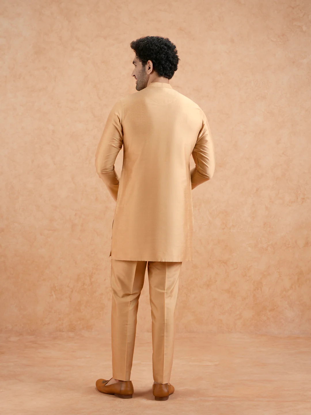 Golden Poly Silk Solid Mid Kurta Trouser Set - Image 4