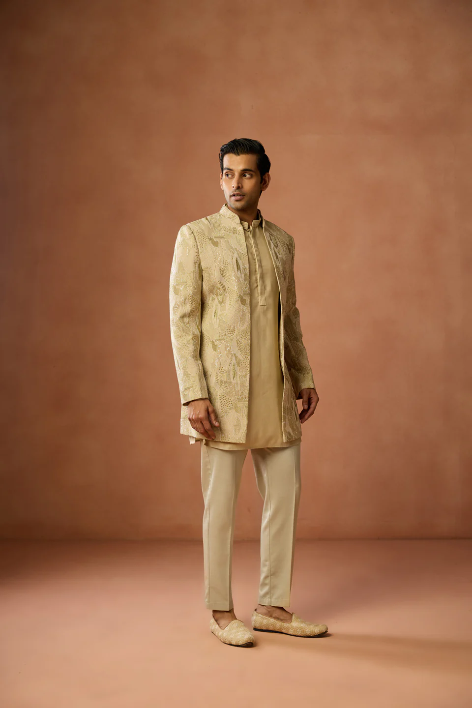 Golden Silk Blend Embroidered Short Sherwani Kurta Set