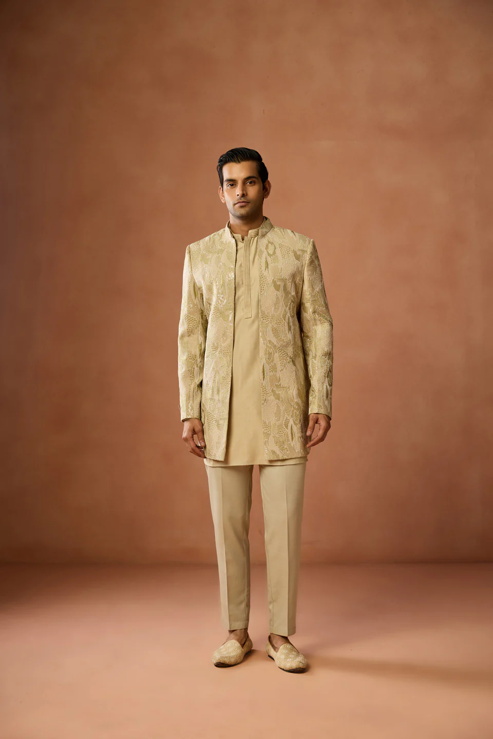 Golden Silk Blend Embroidered Short Sherwani Kurta Set - Image 3