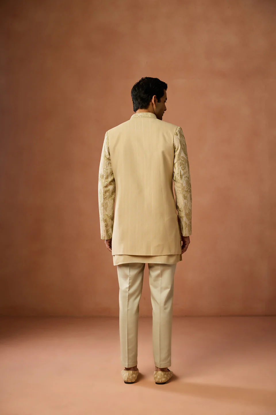 Golden Silk Blend Embroidered Short Sherwani Kurta Set - Image 4