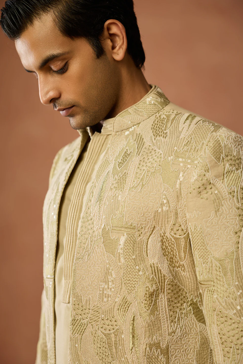 Golden Silk Blend Embroidered Short Sherwani Kurta Set - Image 5