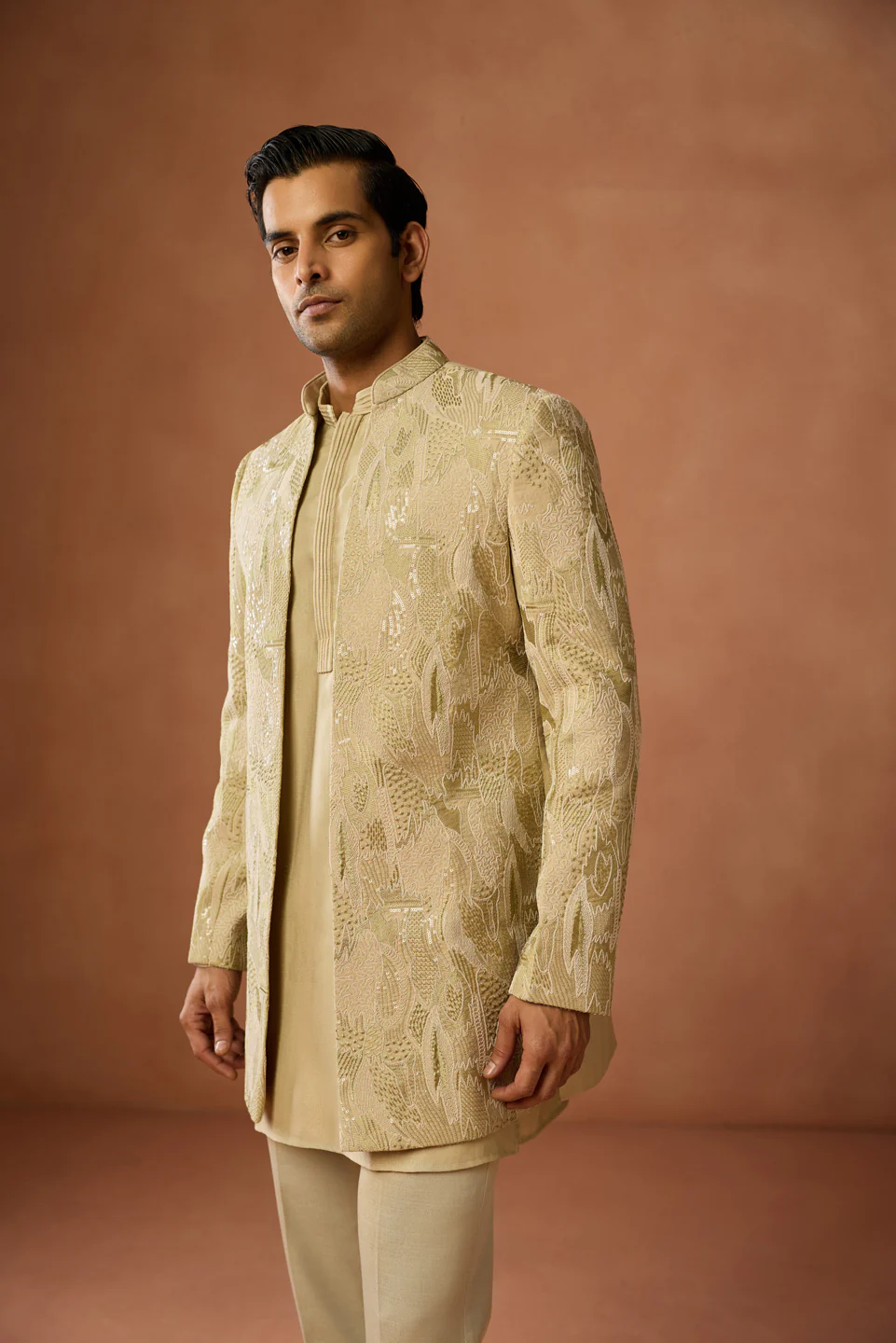 Golden Silk Blend Embroidered Short Sherwani Kurta Set - Image 6