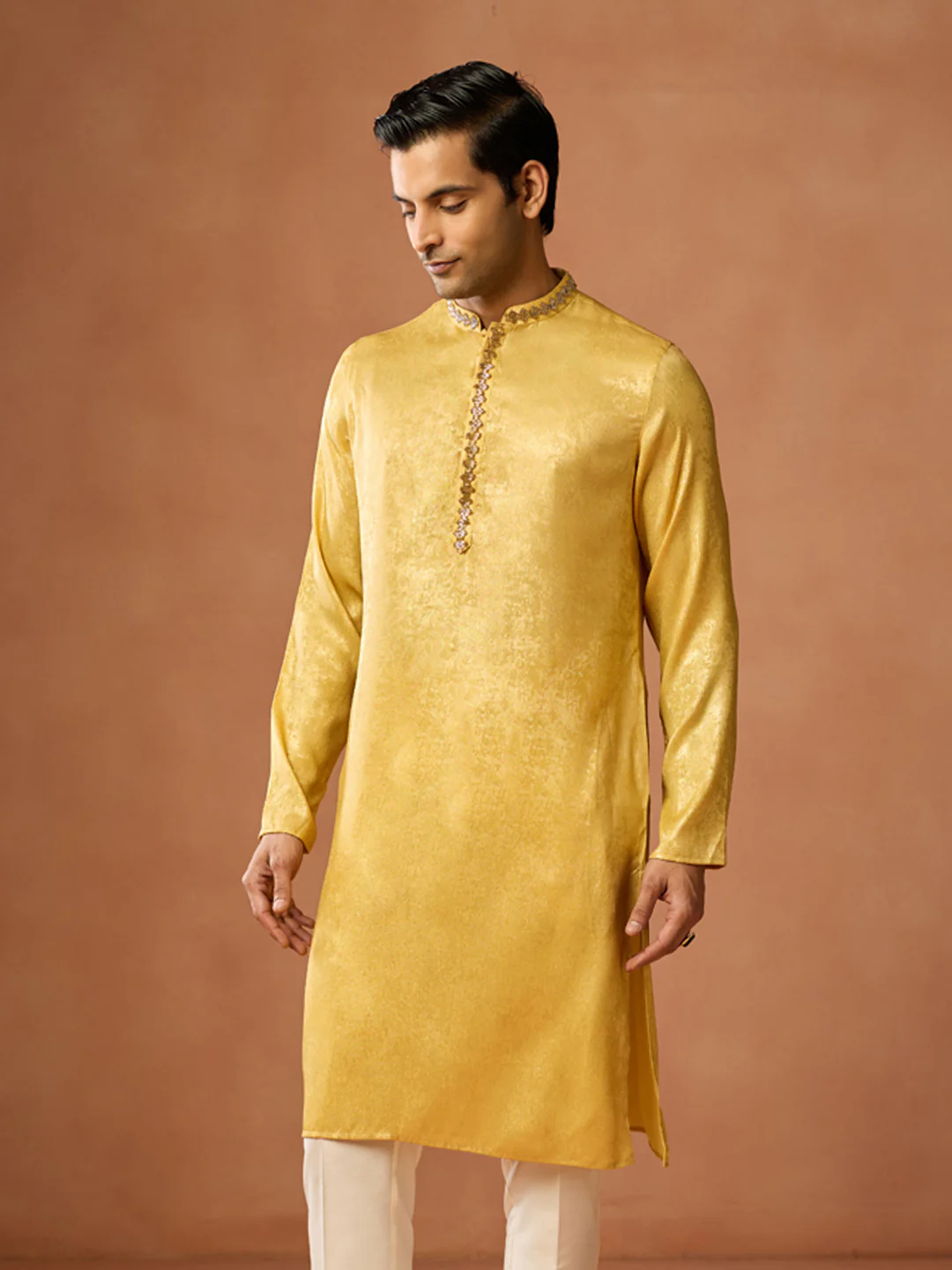 Golden Yellow Silk Blend Embroidered Kurta