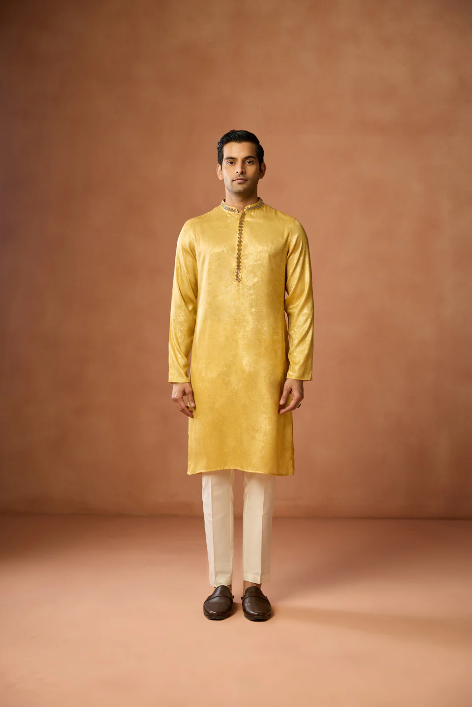 Golden Yellow Silk Blend Embroidered Kurta - Image 6