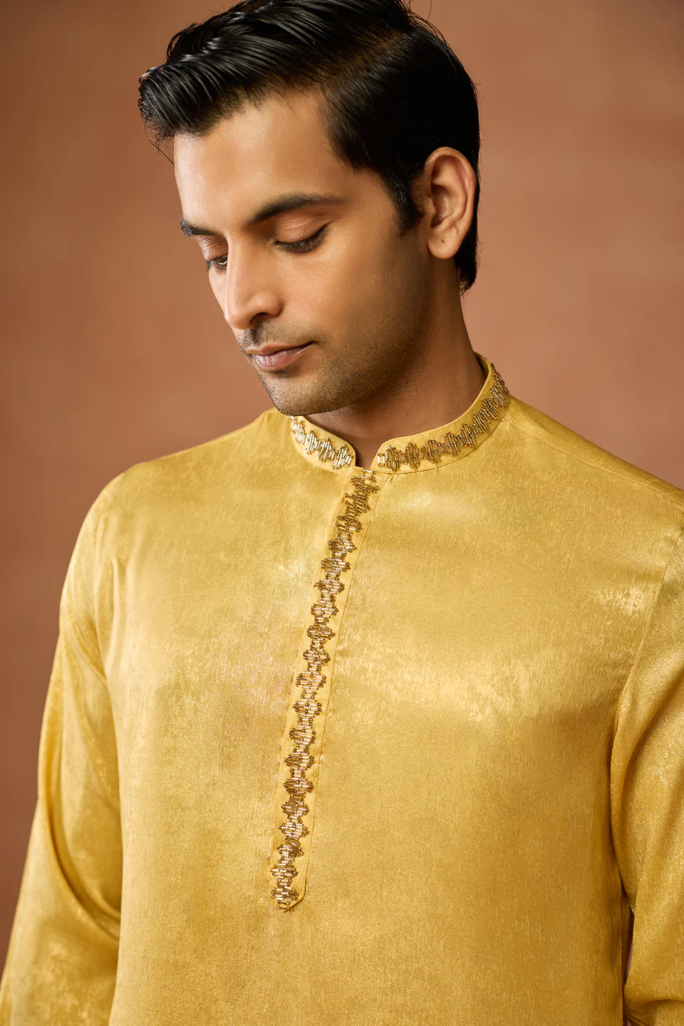 Golden Yellow Silk Blend Embroidered Kurta Trouser Set - Image 5